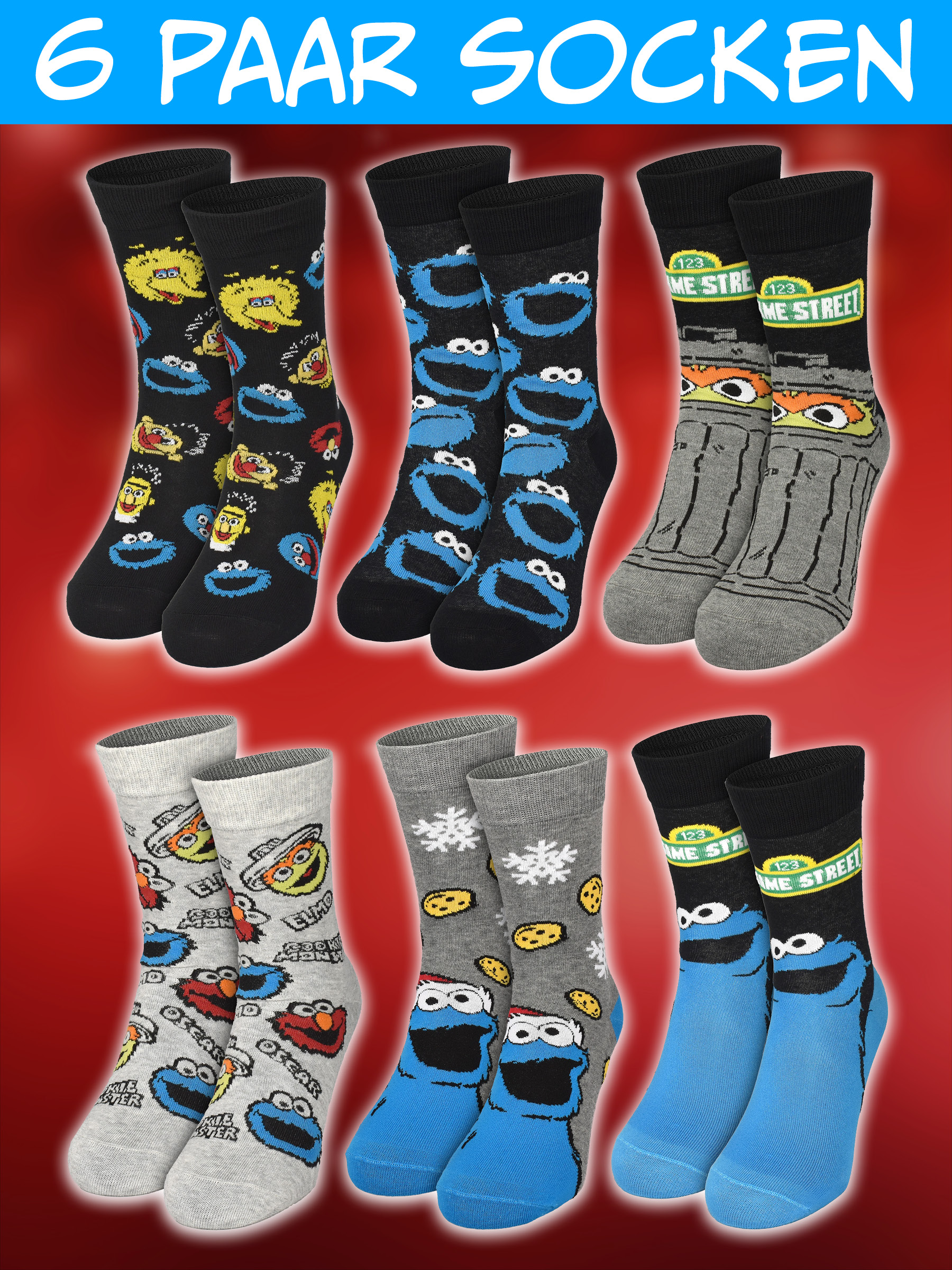 Sechs Paar Sesamstraßen-Socken mit verschiedenen bunten Motiven vor rotem Hintergrund.
