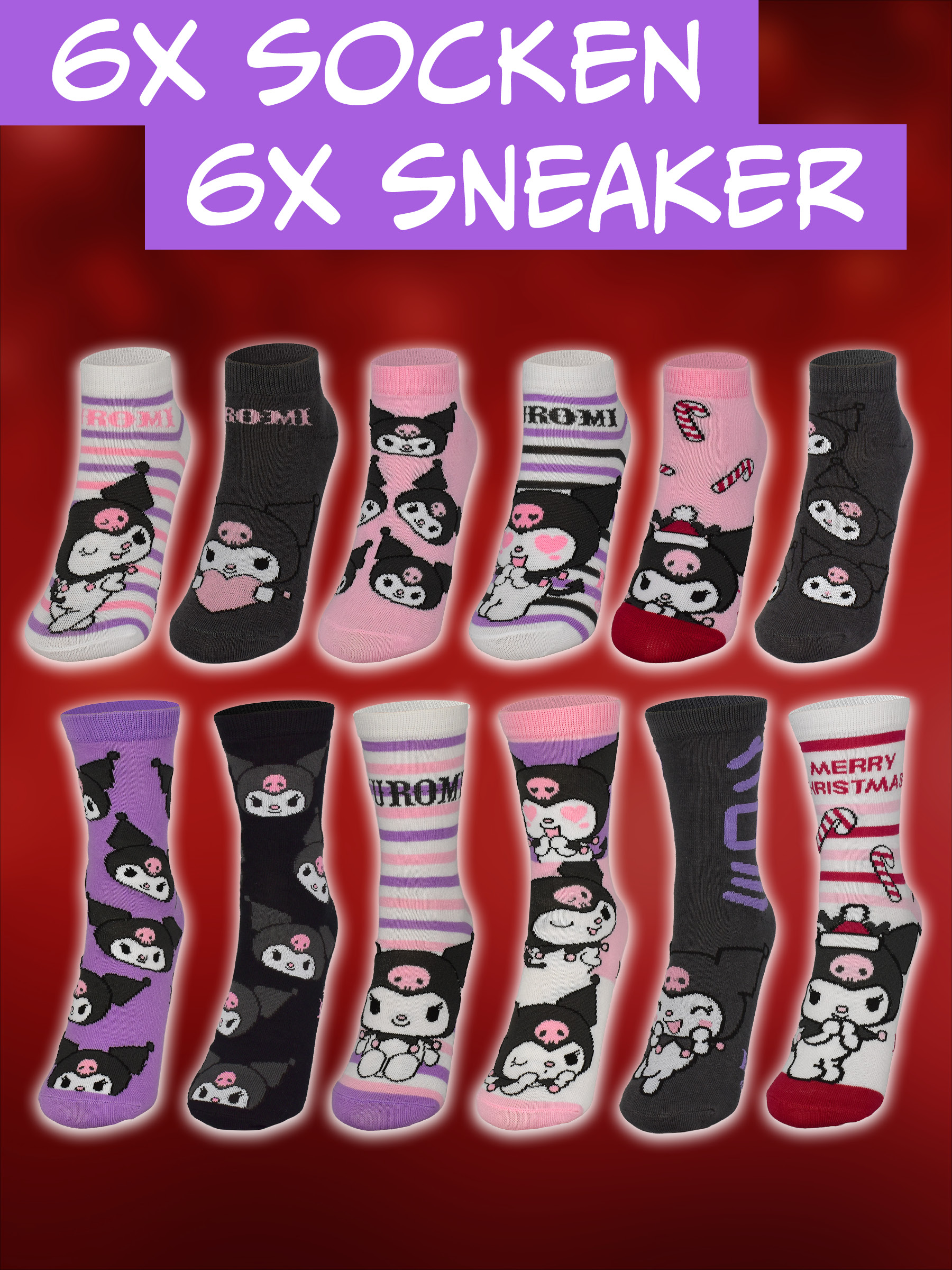 Zwölf Paar verschiedene Socken und Sneaker mit Kuromi-Motiven und Weihnachtsmustern vor rotem Hintergrund.