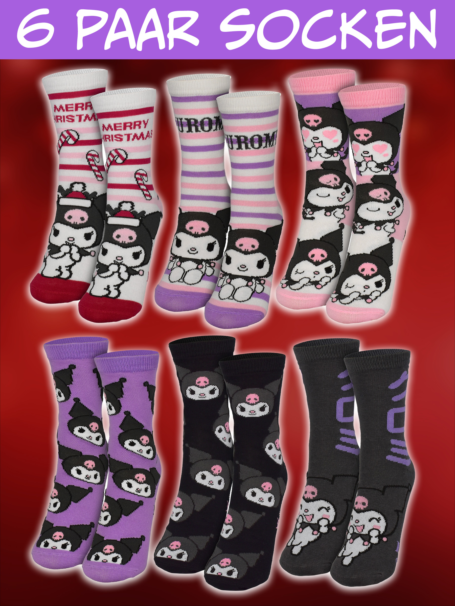 Sechs Paar verschiedene Socken mit Kuromi-Motiven und dem Text 6 PAAR SOCKEN.