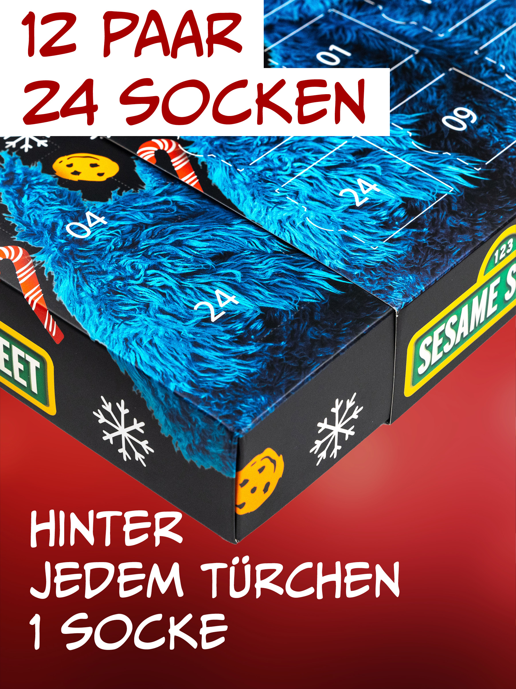 Sesamstraße Adventskalender mit blauem Krümelmonster-Design und weißem Text.
