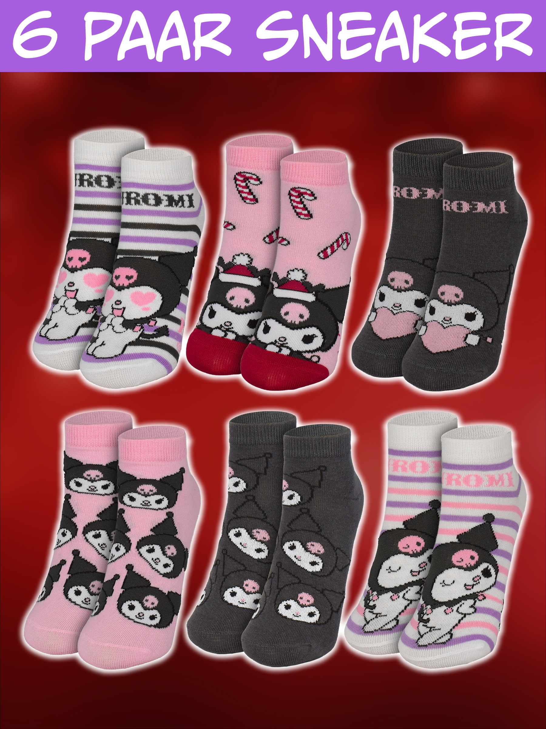Sechs Paar farbige Sneaker-Socken mit Kuromi-Motive auf rotem Hintergrund.