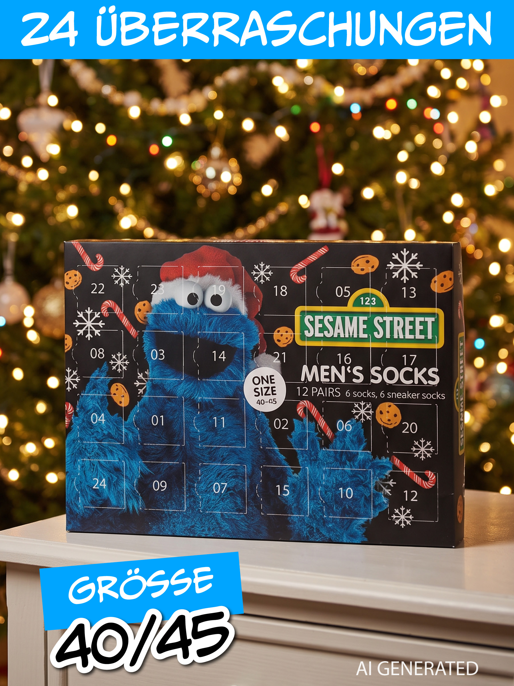 Sesamstraße Adventskalender mit Krümelmonster vor Weihnachtsbaum.