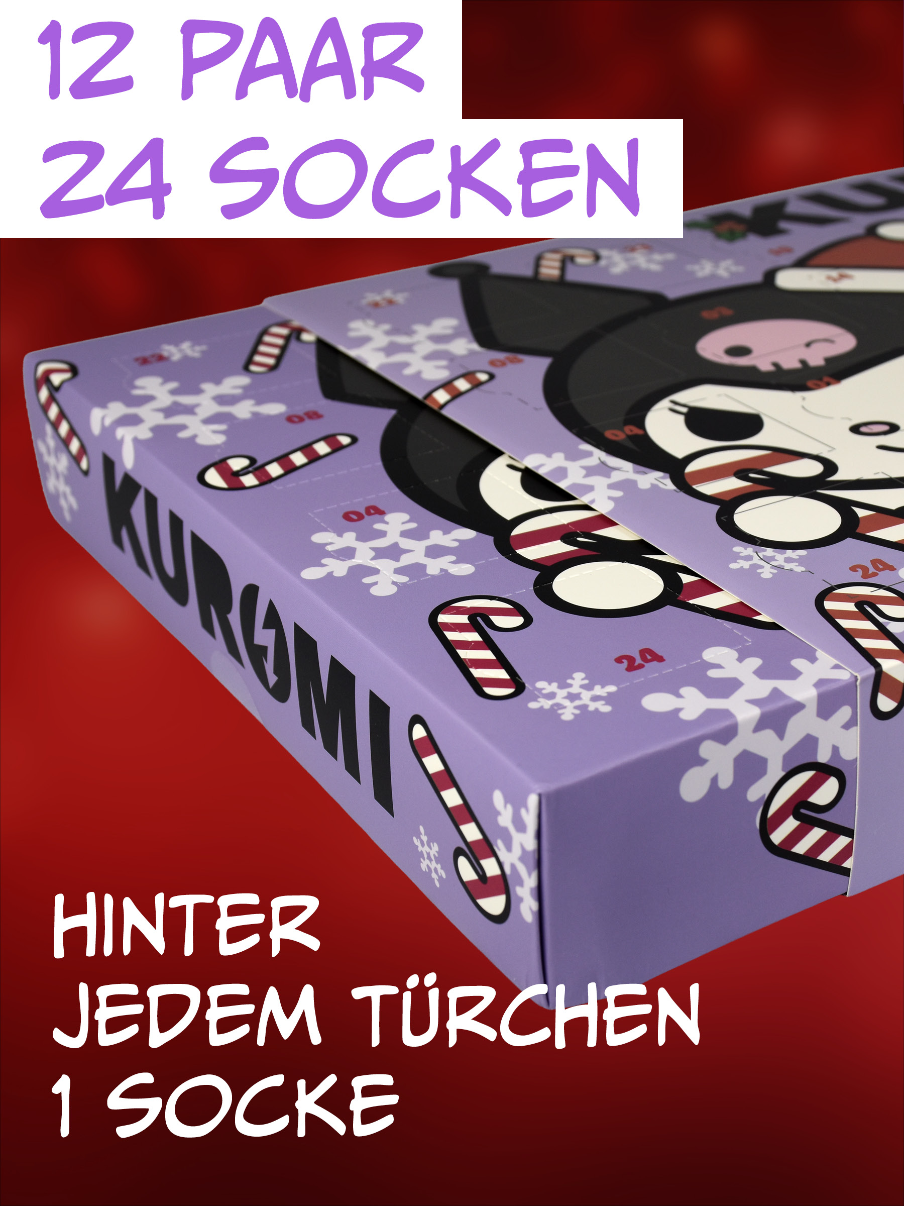Lila Adventskalender mit Kuromi-Motiv, Schneeflocken und Zuckerstangen vor rotem Hintergrund.