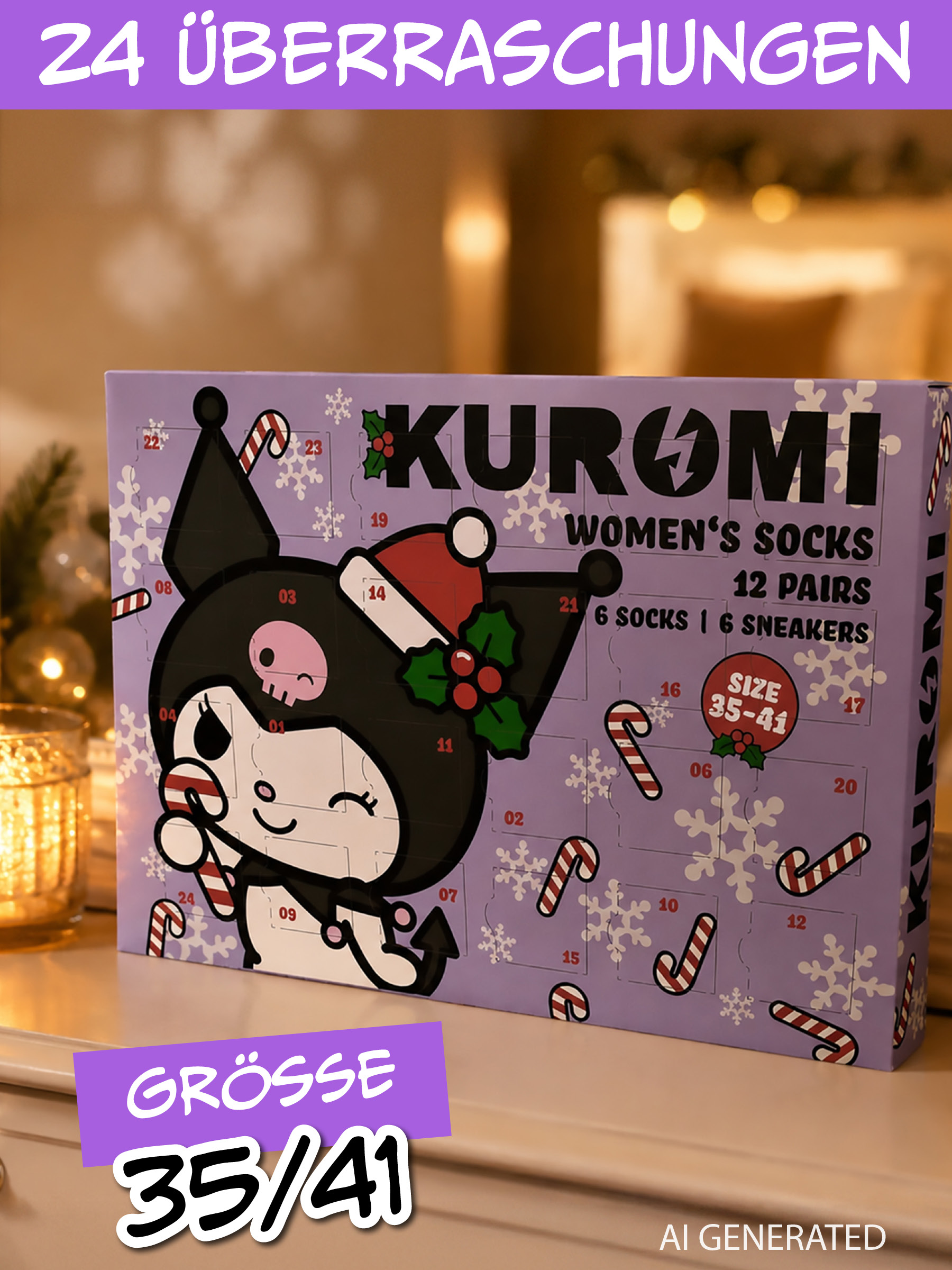 Lila Kuromi Adventskalender für Damensocken mit Weihnachtsmotiv und Nummerntürchen.