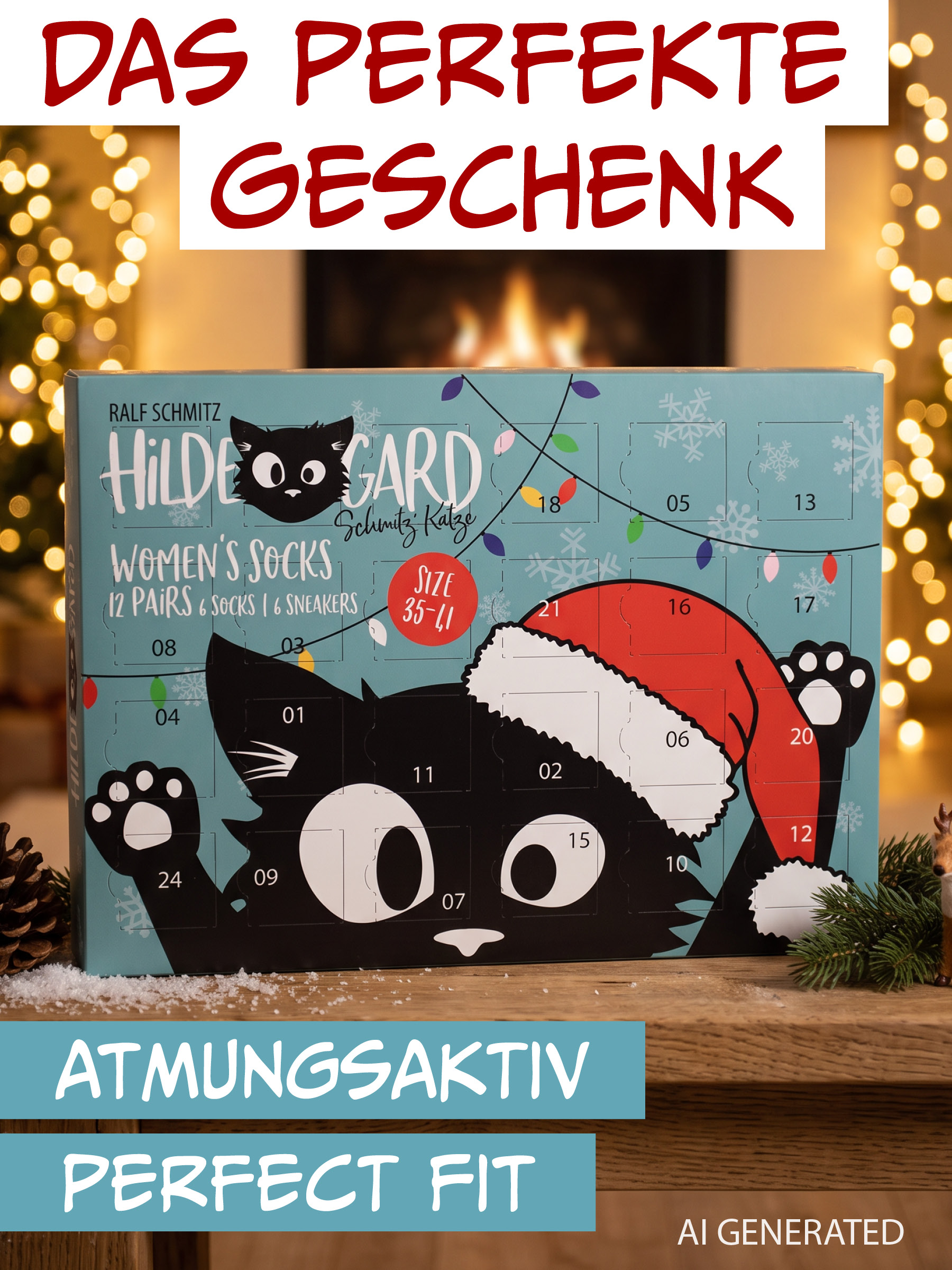 Adventskalender mit schwarzer Katze und Weihnachtsmütze vor verschneiter Holztisch-Kulisse.