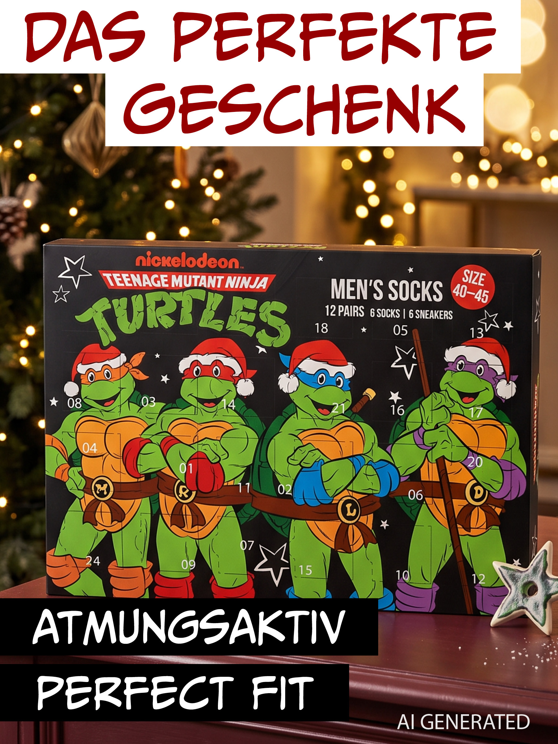 Ninja Turtles Adventskalender für Socken vor einem Weihnachtsbaum mit Lichtern.