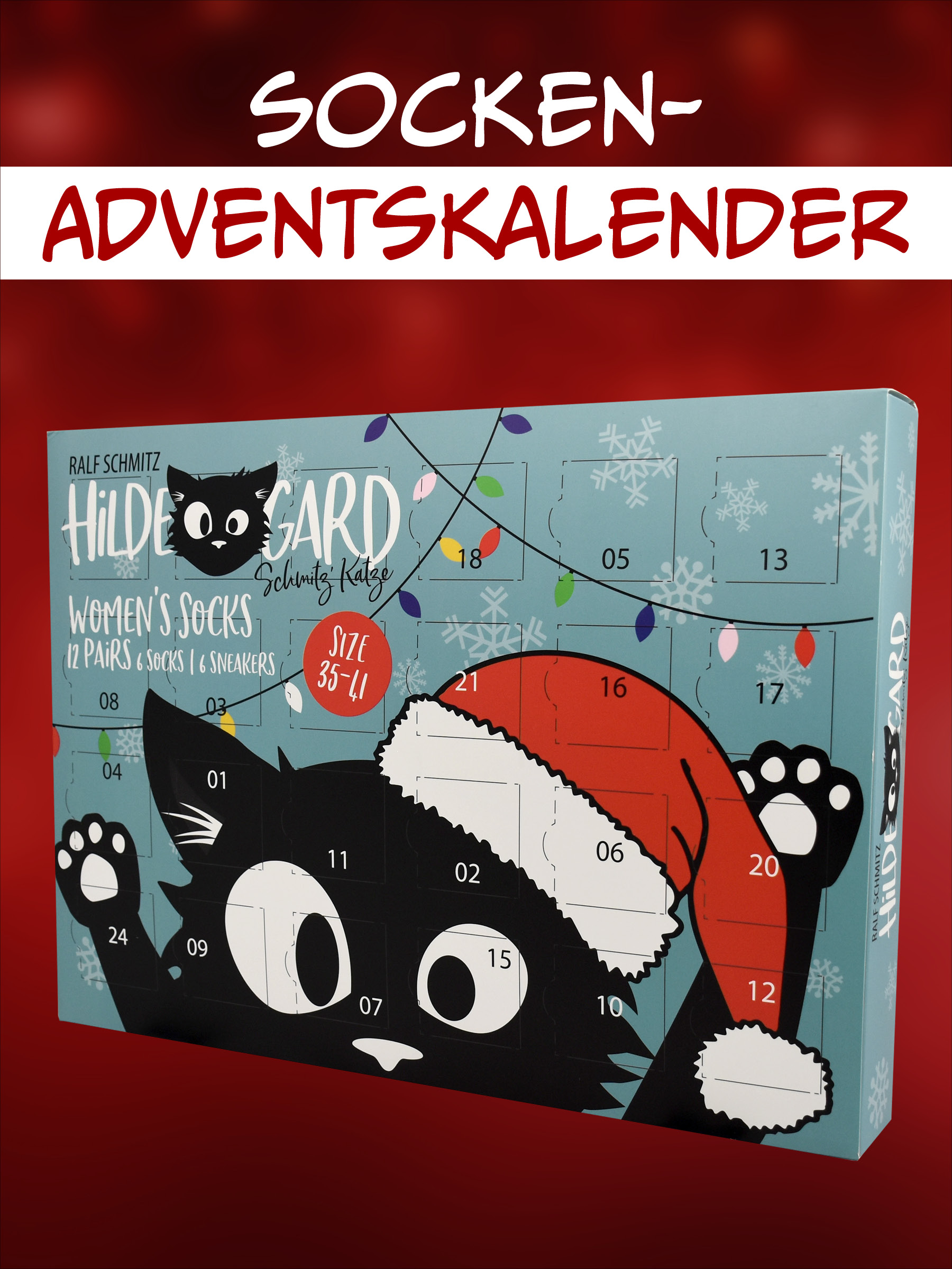 Ein hellblauer Adventskalender zeigt eine schwarze Katze mit Weihnachtsmütze, nummerierte Türchen und Lichter.