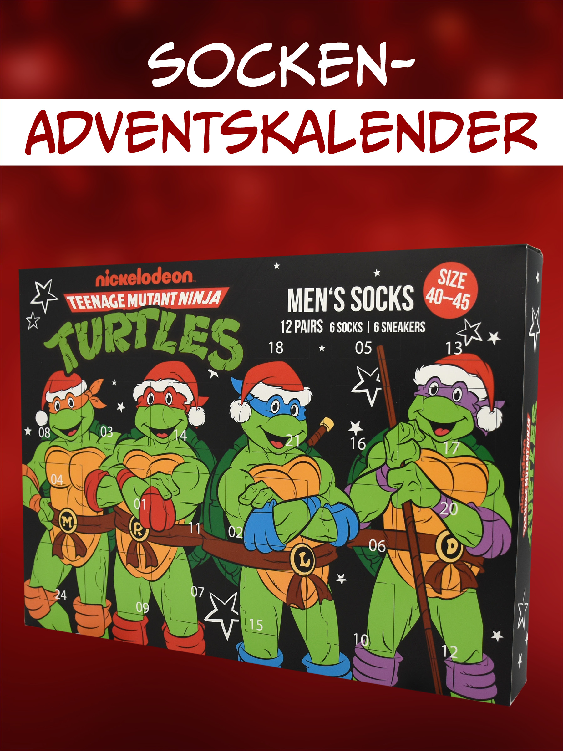 Teenage Mutant Ninja Turtles Socken-Adventskalender mit vier Turtles in Weihnachtsmützen.