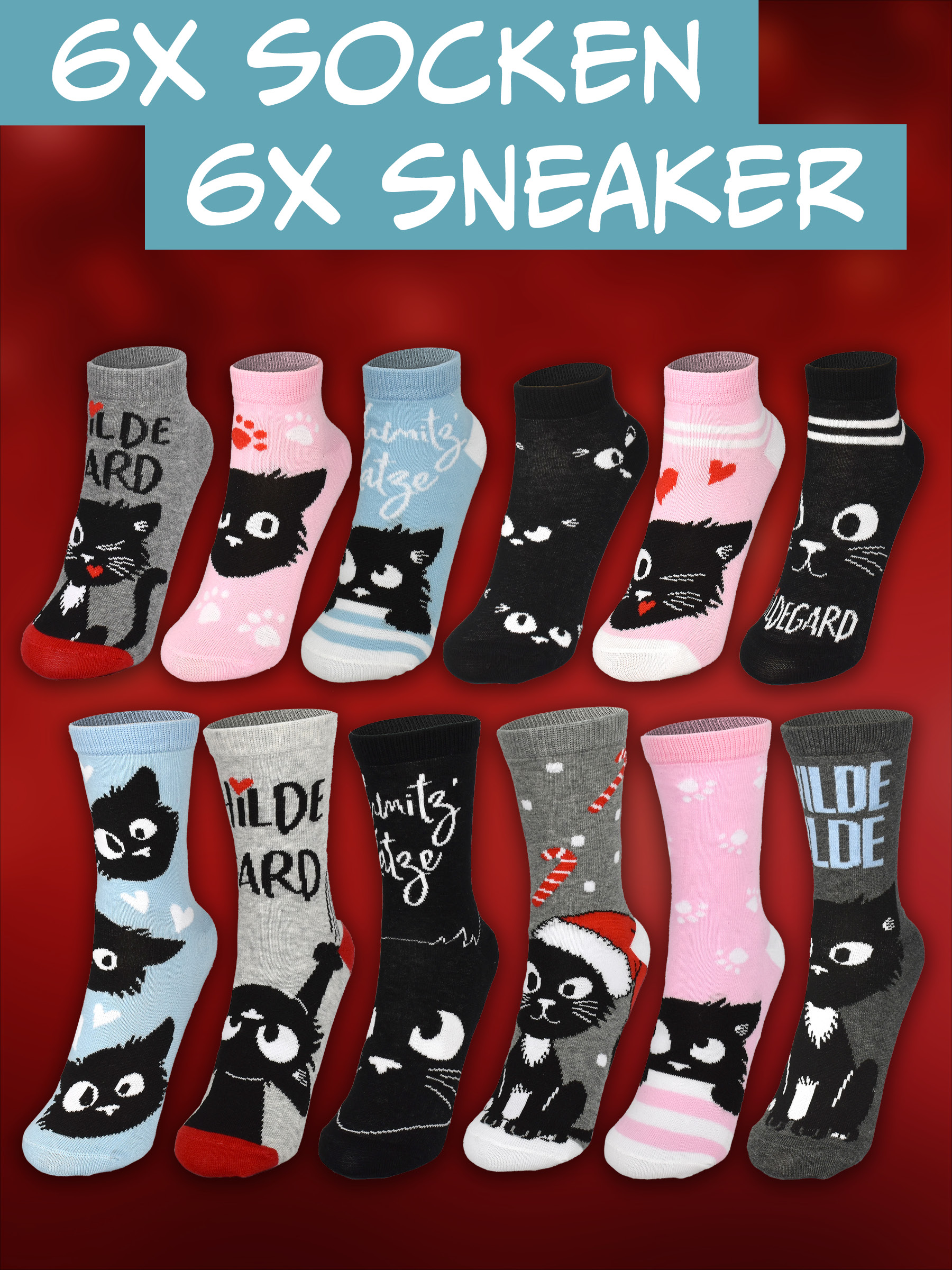 Zwölf bunte Sneaker-Socken mit Katzenmotiven und Aufschriften.