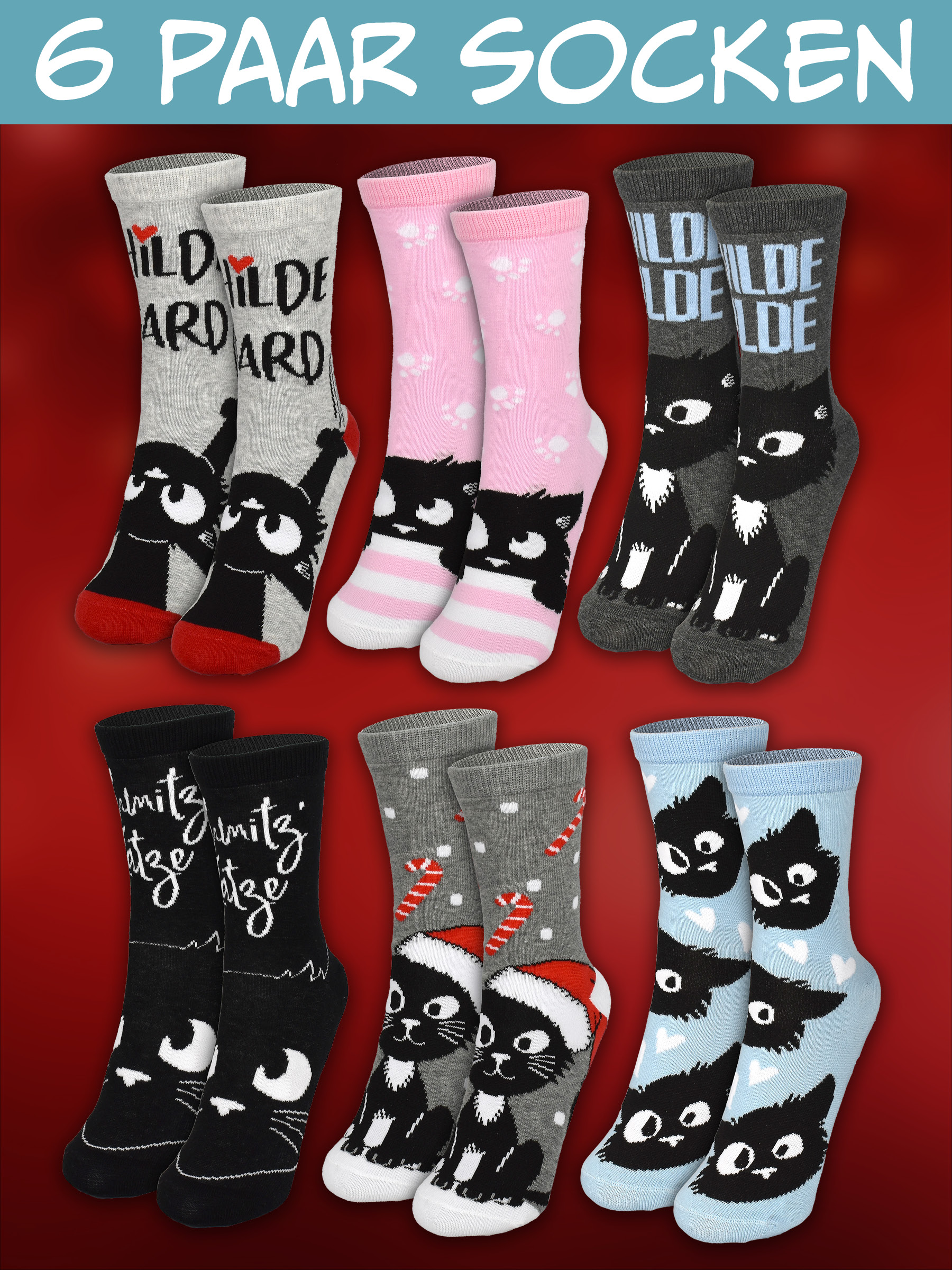 Sechs Paar Socken mit Katzenmotiven und Aufschriften in verschiedenen Farben auf rotem Hintergrund.