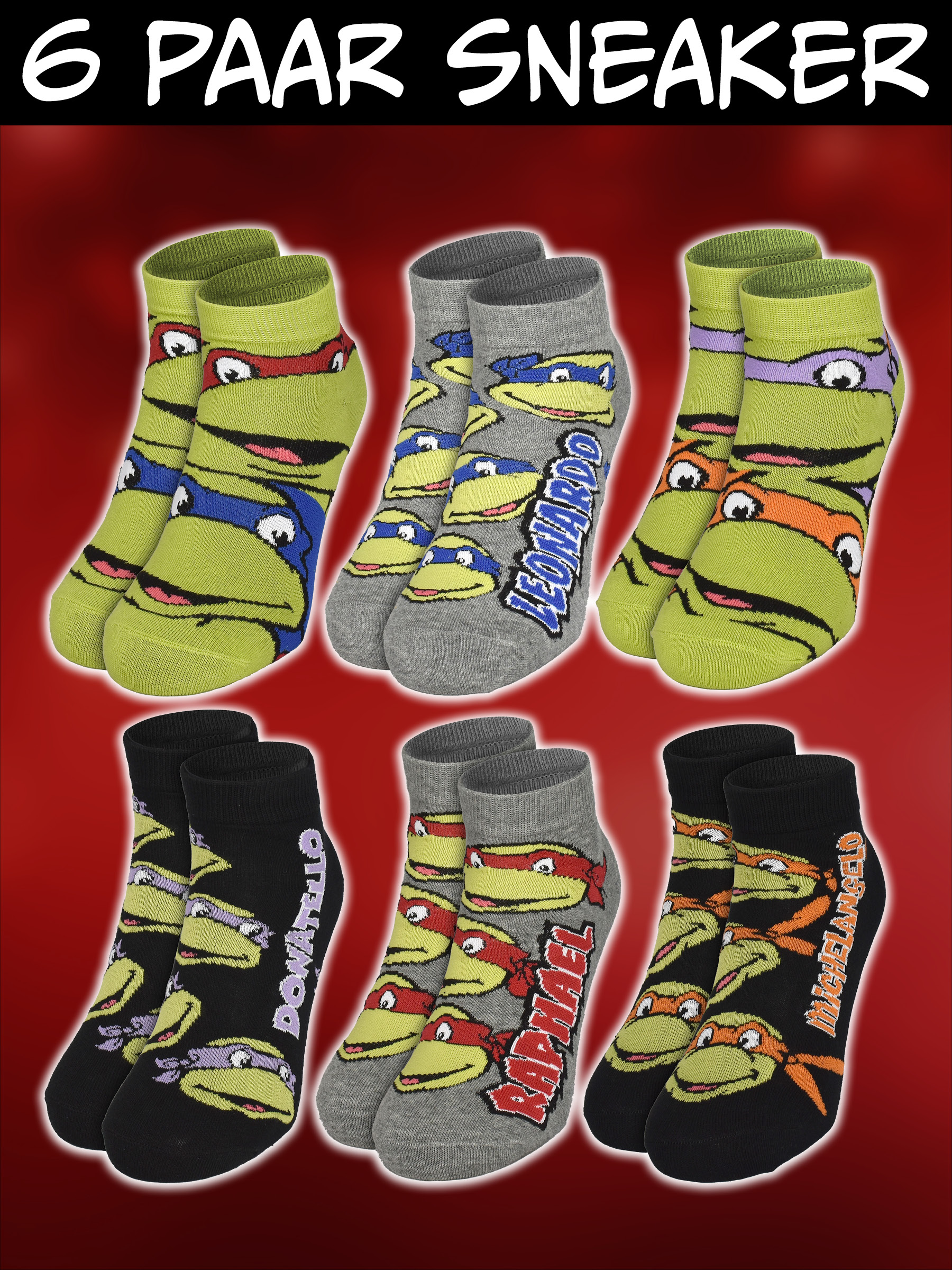 Sechs Paar bunte Sneaker-Socken mit Teenage Mutant Ninja Turtles Motiven vor rotem Hintergrund.