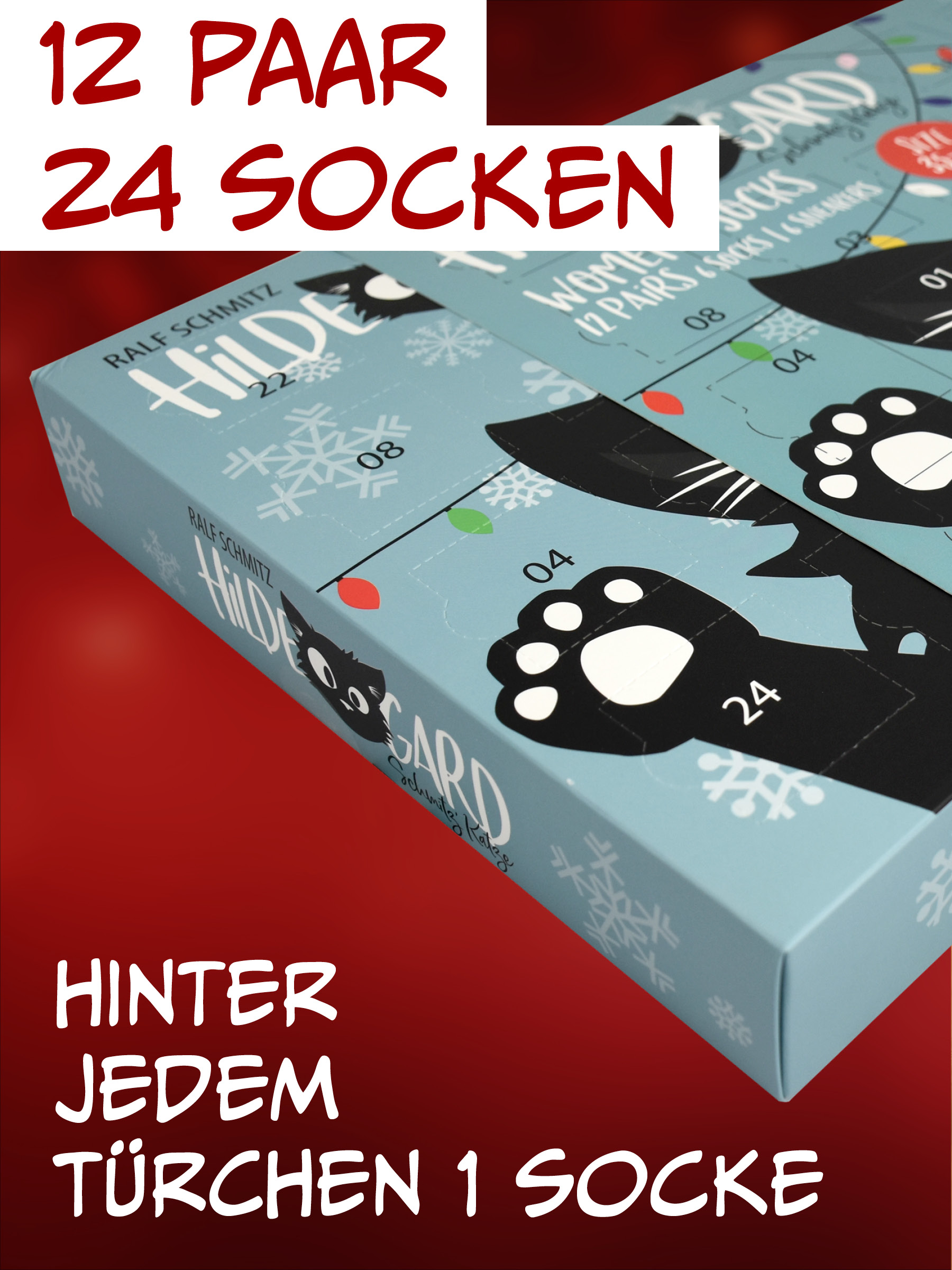 Adventskalender in Hellblau mit schwarzen Katzenpfoten-Mustern, Schneeflocken und deutschem Text.