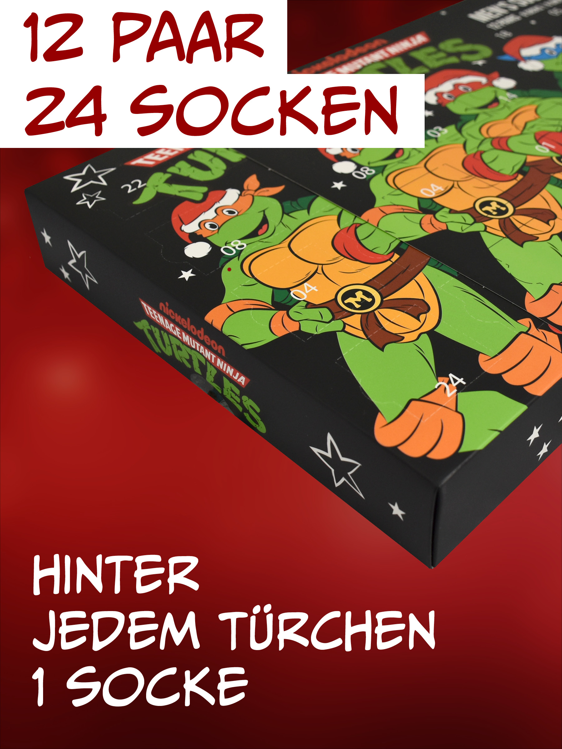 Ninja-Turtles-Weihnachtskalender mit Socken auf rotem Hintergrund mit Text.