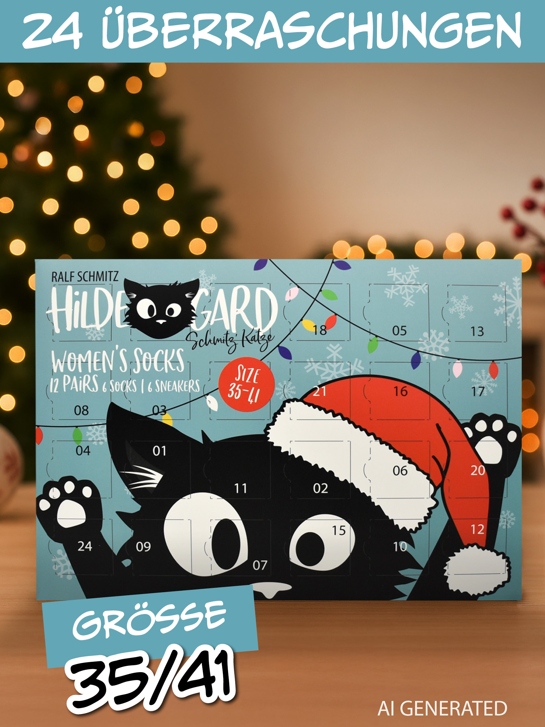 Ein blauer Adventskalender mit einer schwarzen Katze, Weihnachtsmütze und nummerierten Türchen vor einem Weihnachtsbaum.