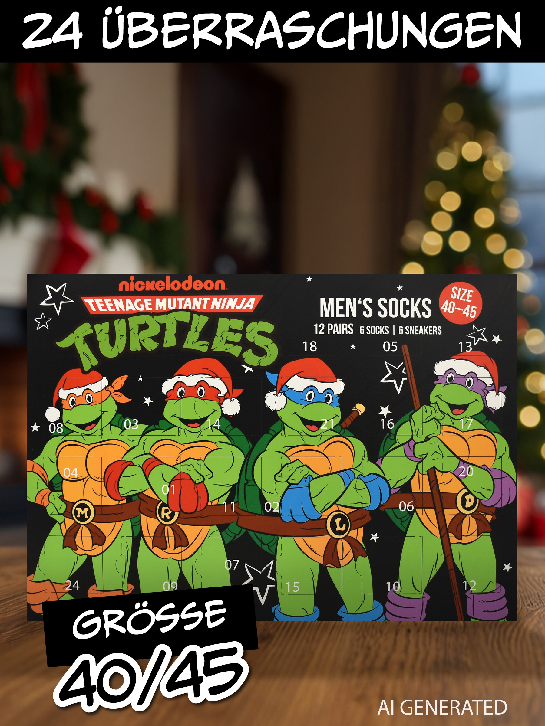 TMNT Adventskalender für Herren-Socken mit Weihnachtsmützen auf einem Holztisch vor einem unscharfen Weihnachtsbaum.