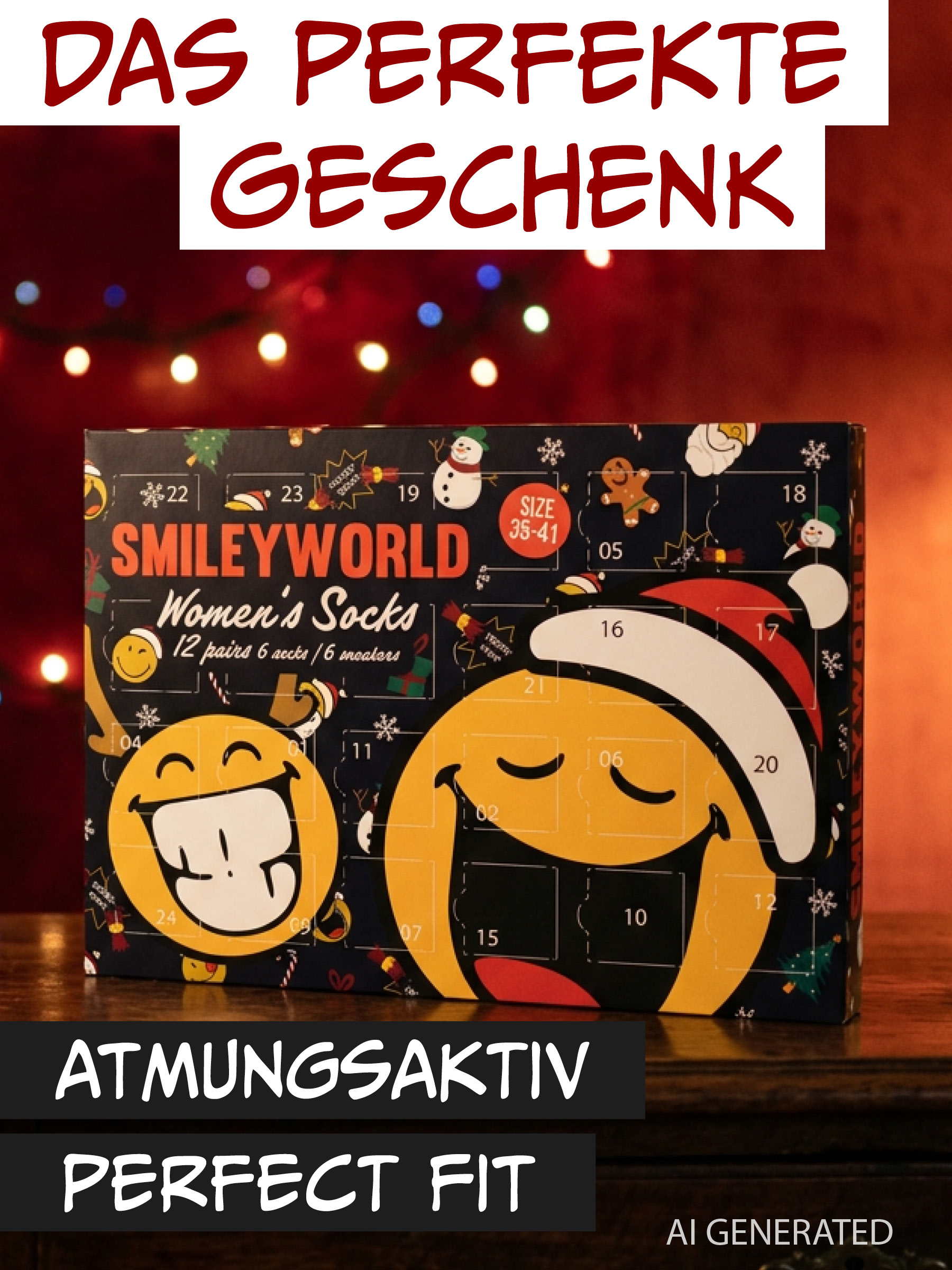Ein Smileyworld Adventskalender für Damensocken auf einem Holz Tisch vor rotem Hintergrund.