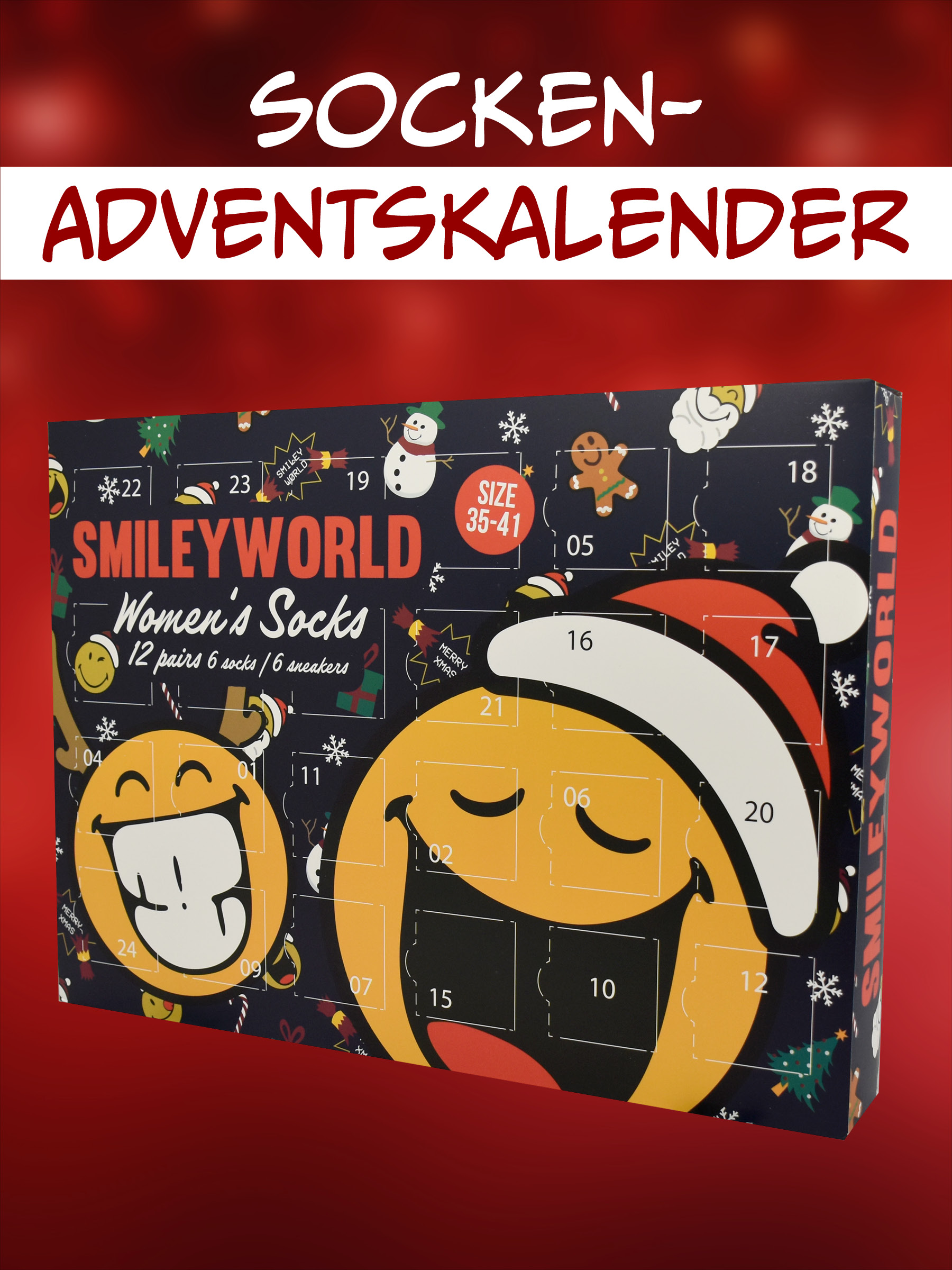 Smileyworld Socken-Adventskalender mit Weihnachtsmotiven.