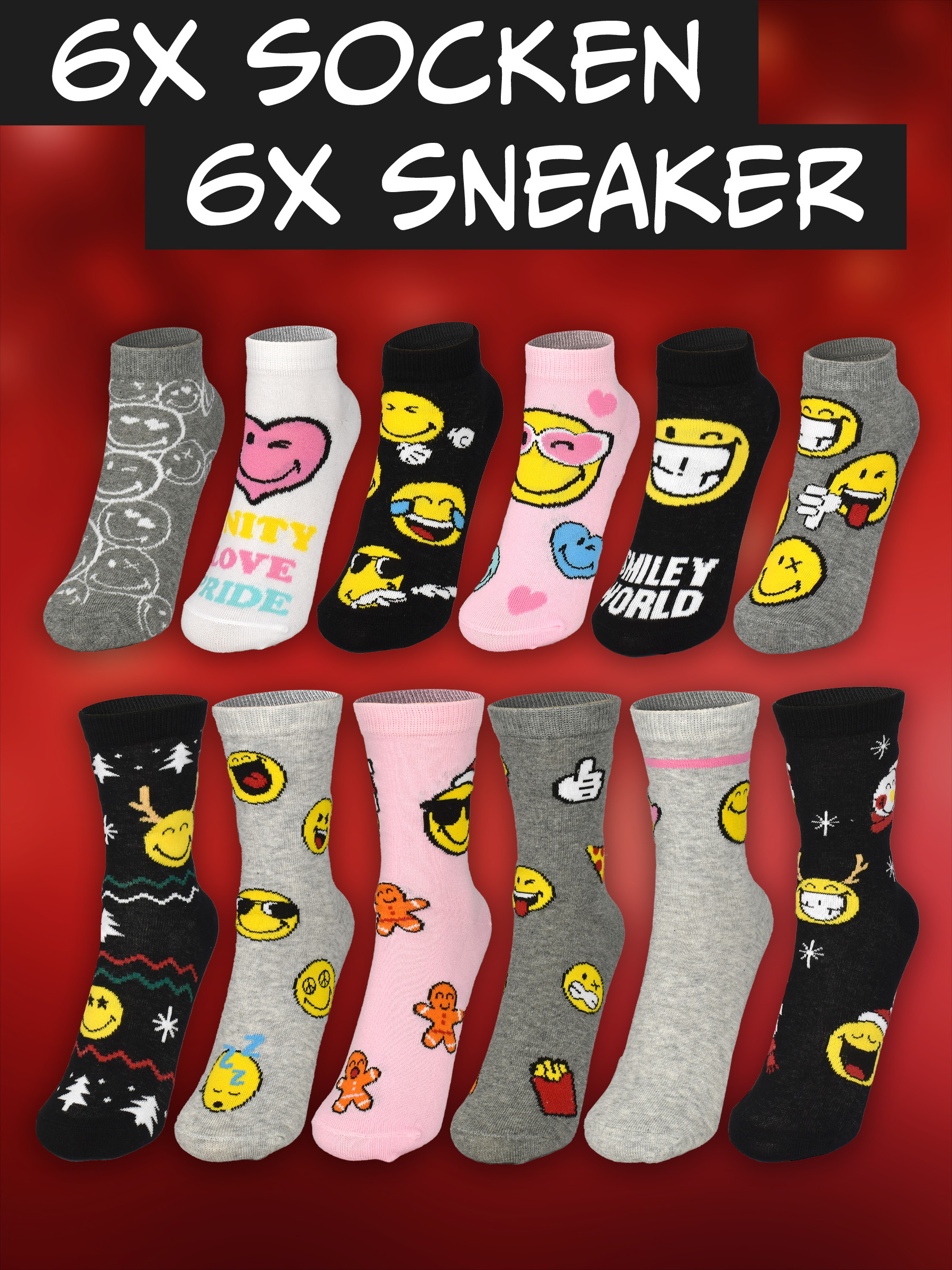 Zwölf bunte Socken mit Emoji-Motiven, angeordnet auf rotem Grund mit Text.