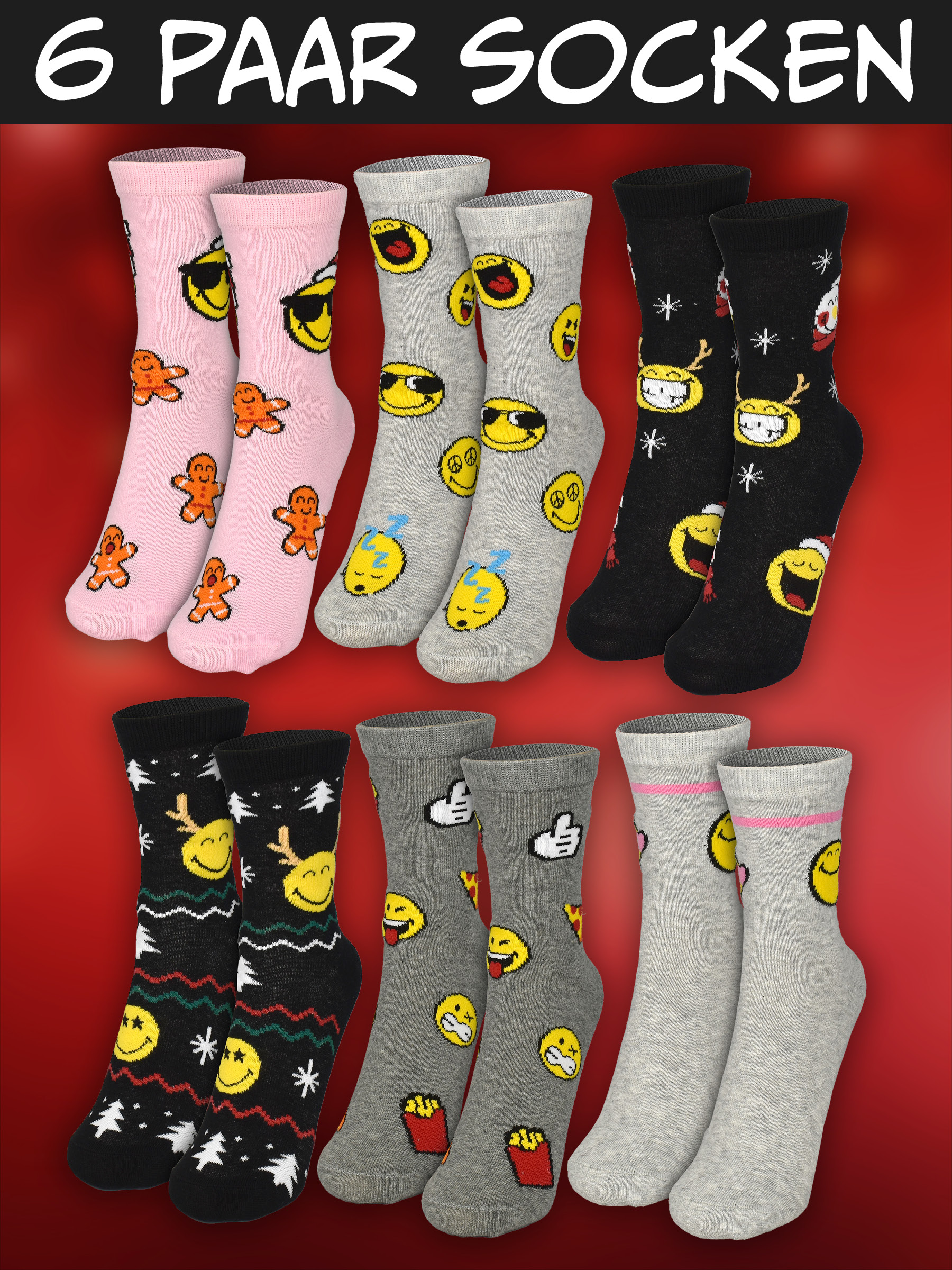 Sechs Paar Socken mit verschiedenen Emoji- und Weihnachtsmotiven vor rotem Hintergrund.