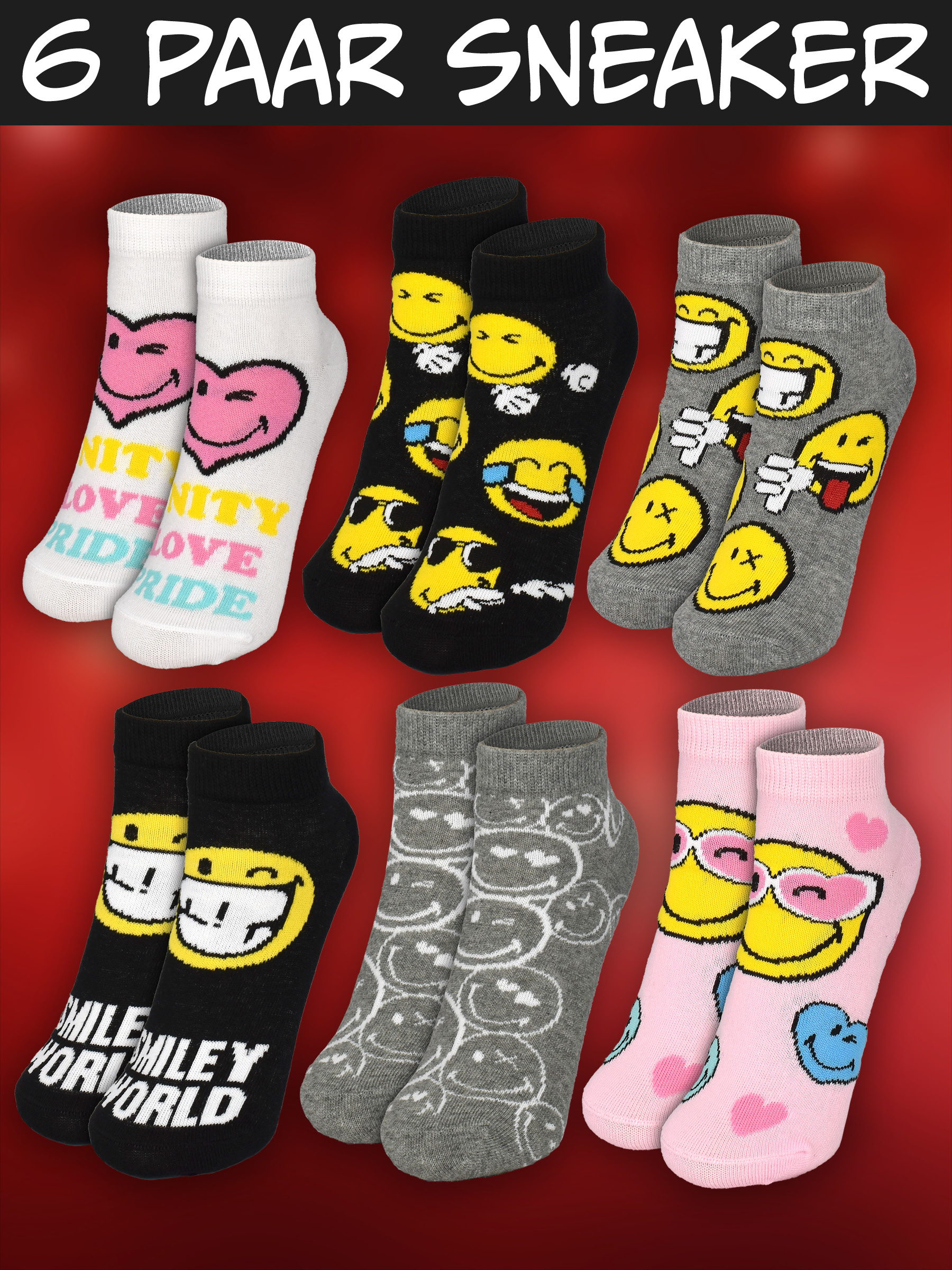 Sechs Paar bunte Sneakersocken mit Smiley- und Herzmotiven auf rotem Grund.