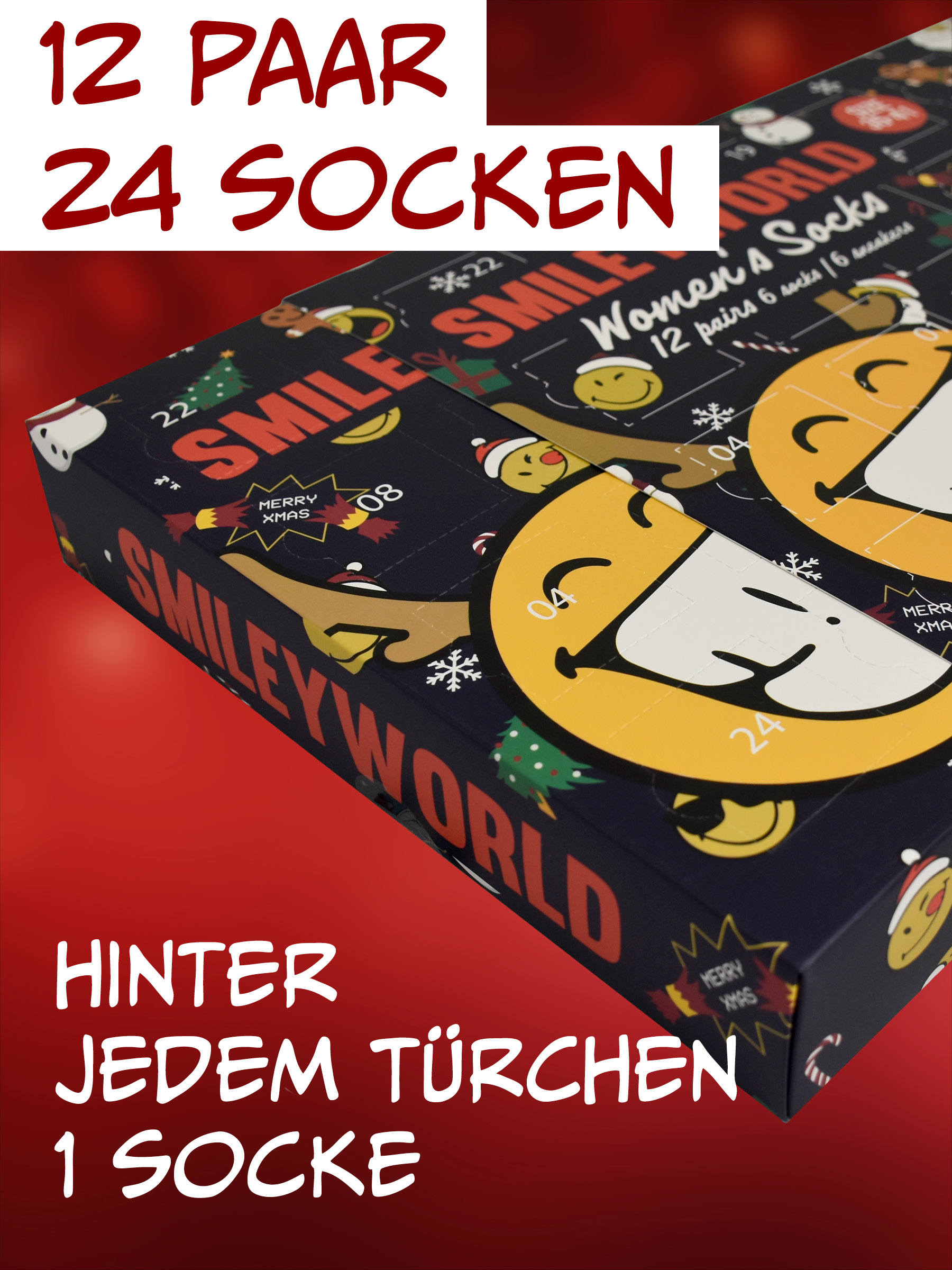 Ein dunkelblauer Adventskalender mit Smileys, Weihnachtsmotiven und rot-weißen Texten.