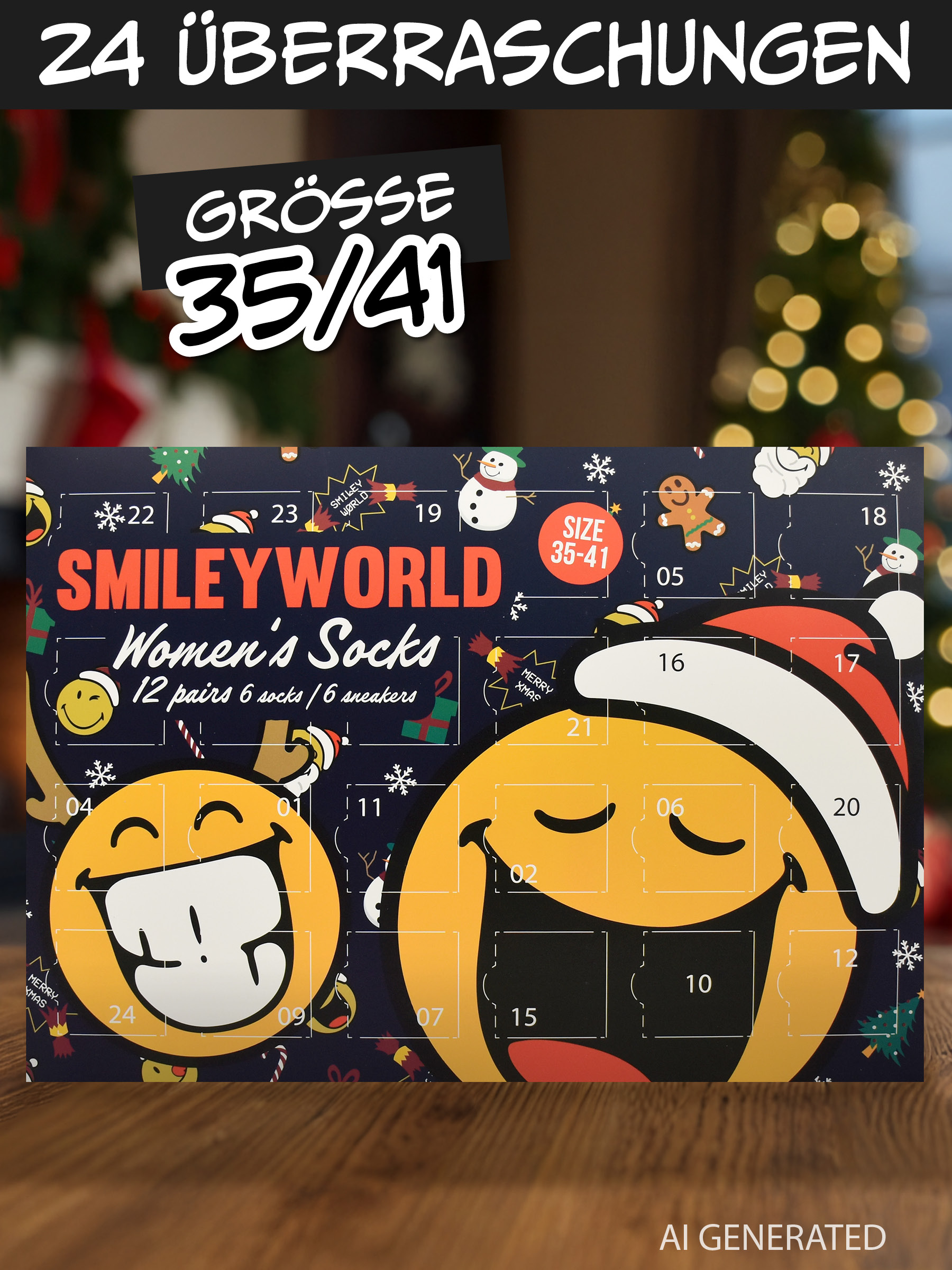Ein Smileyworld Damen Socken Adventskalender mit nummerierten Türchen auf einem Holztisch vor einem Weihnachtsbaum.
