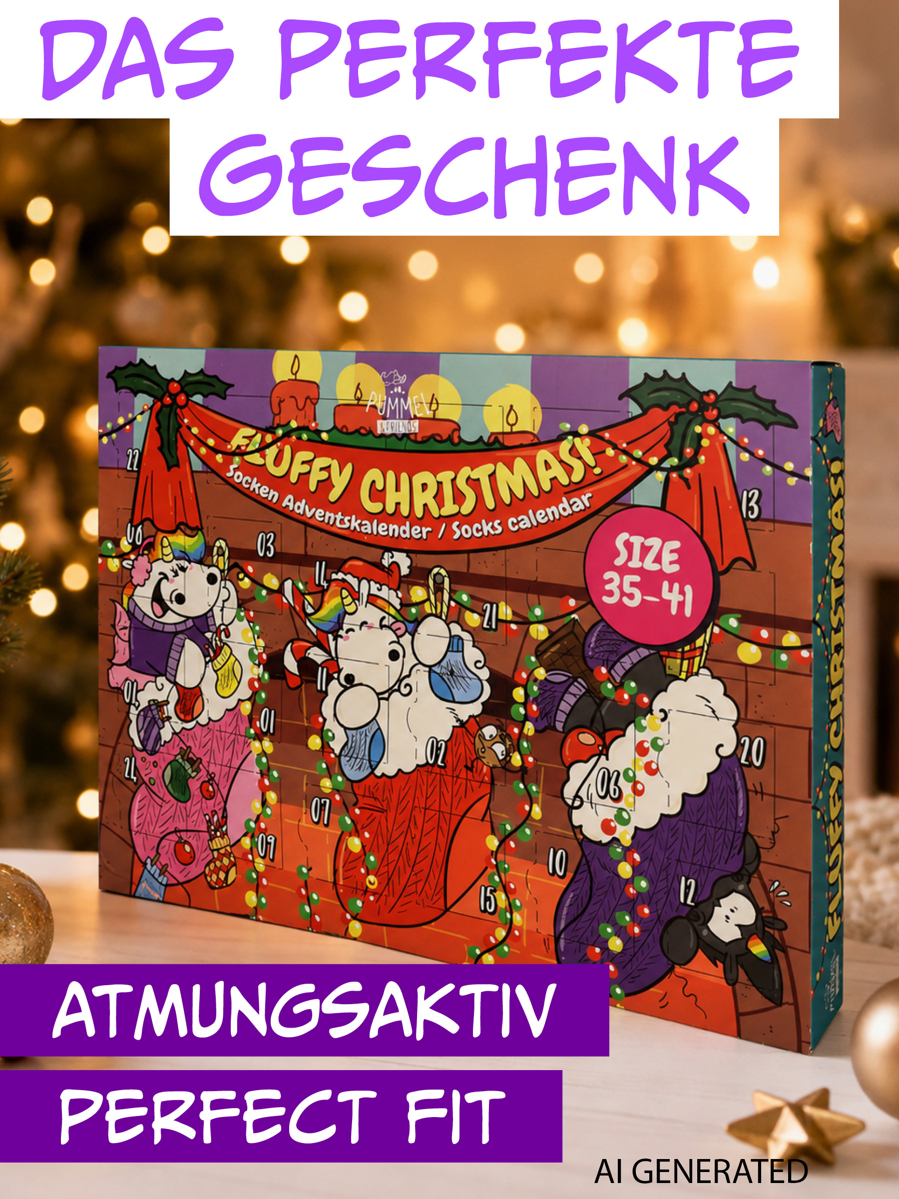 Buntes Einhorn Adventskalender-Design mit Lichtern, Socken und Text.