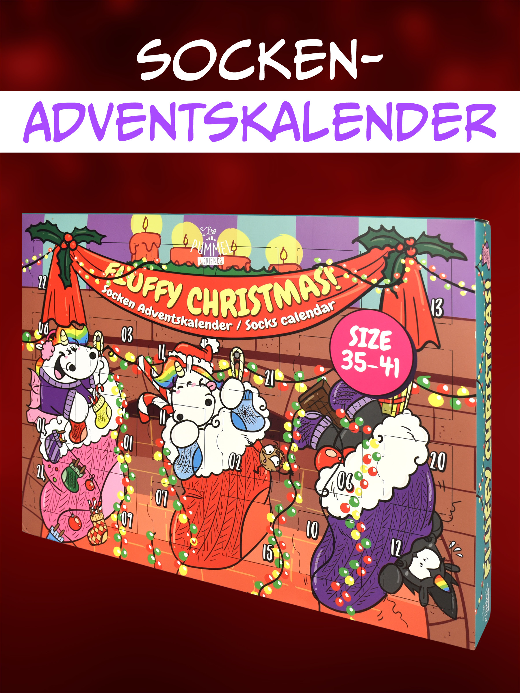 Buntes Socken-Adventskalender-Paket mit niedlichen Einhörnern und Weihnachtsmotiven.