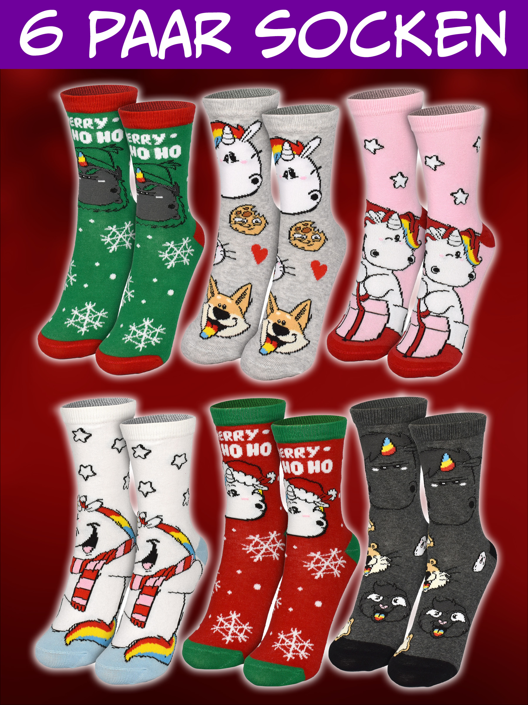 Sechs Paar bunte Socken mit verschiedenen Mustern wie Einhorn, Hund und Weihnachten.