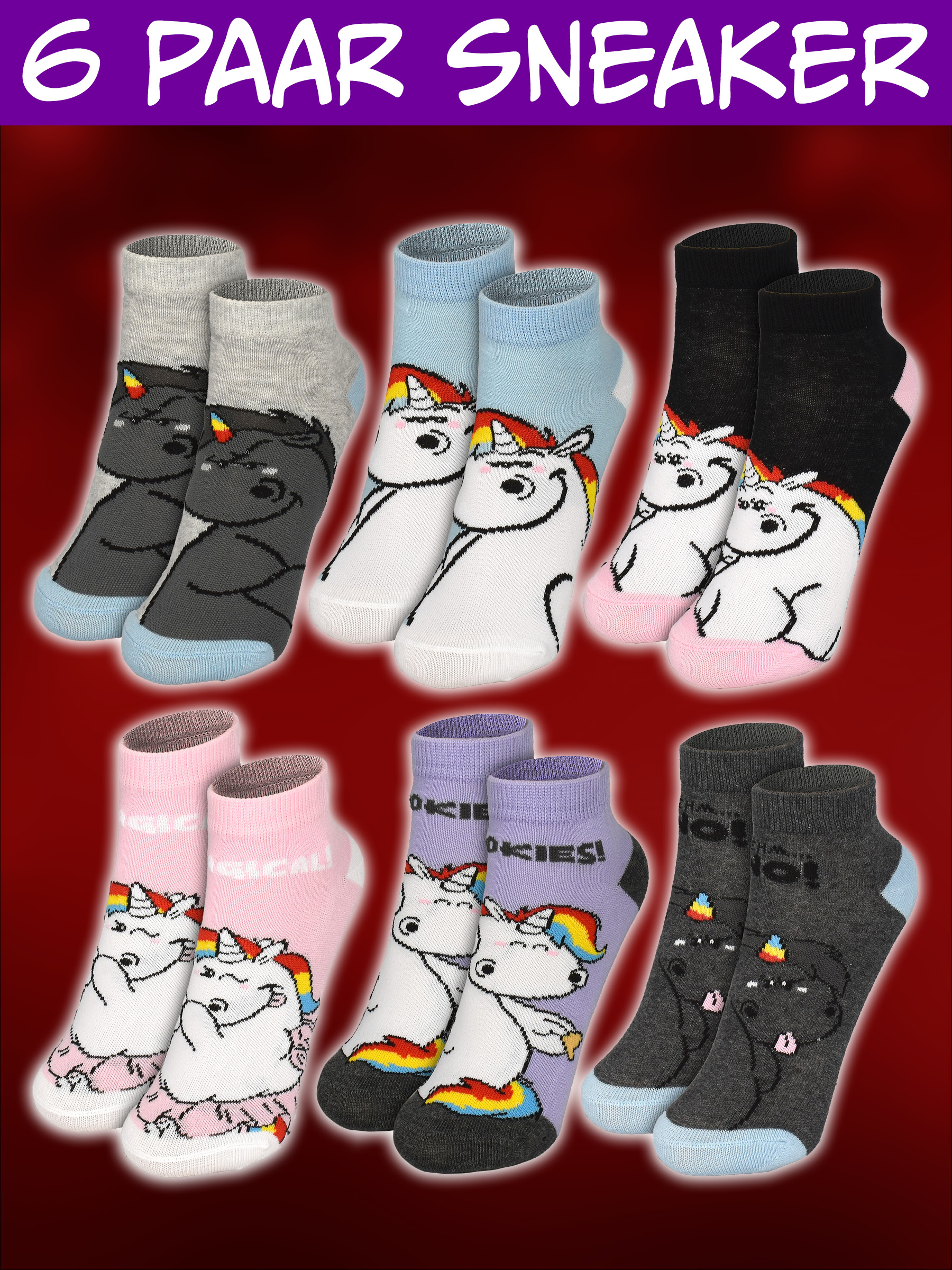 Sechs Paar farbenfrohe Kindersocken mit Einhorn-Motiven vor rotem Hintergrund.