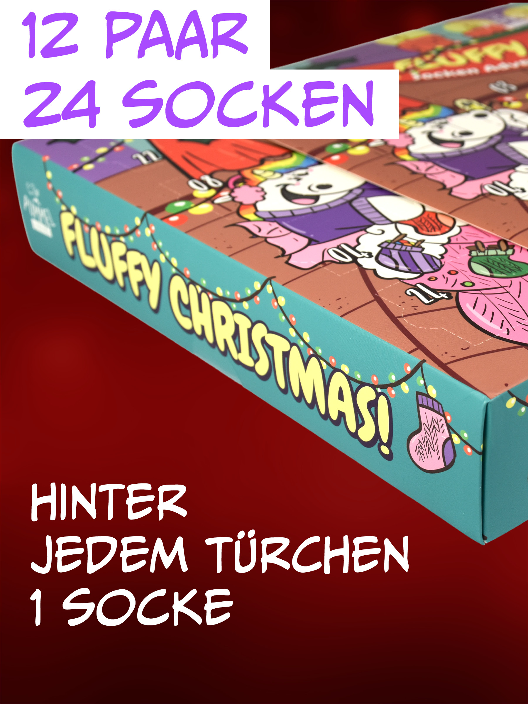 Bunt illustrierter Weihnachtskalender mit dem Text FLUFFY CHRISTMAS auf türkisenem Hintergrund.