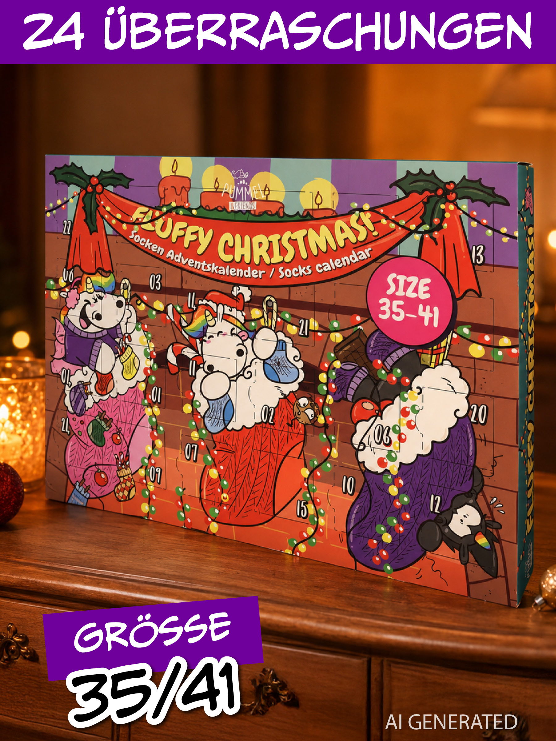 Ein bunter Socken-Adventskalender mit Einhorn-Motiven steht auf einem Holztisch.