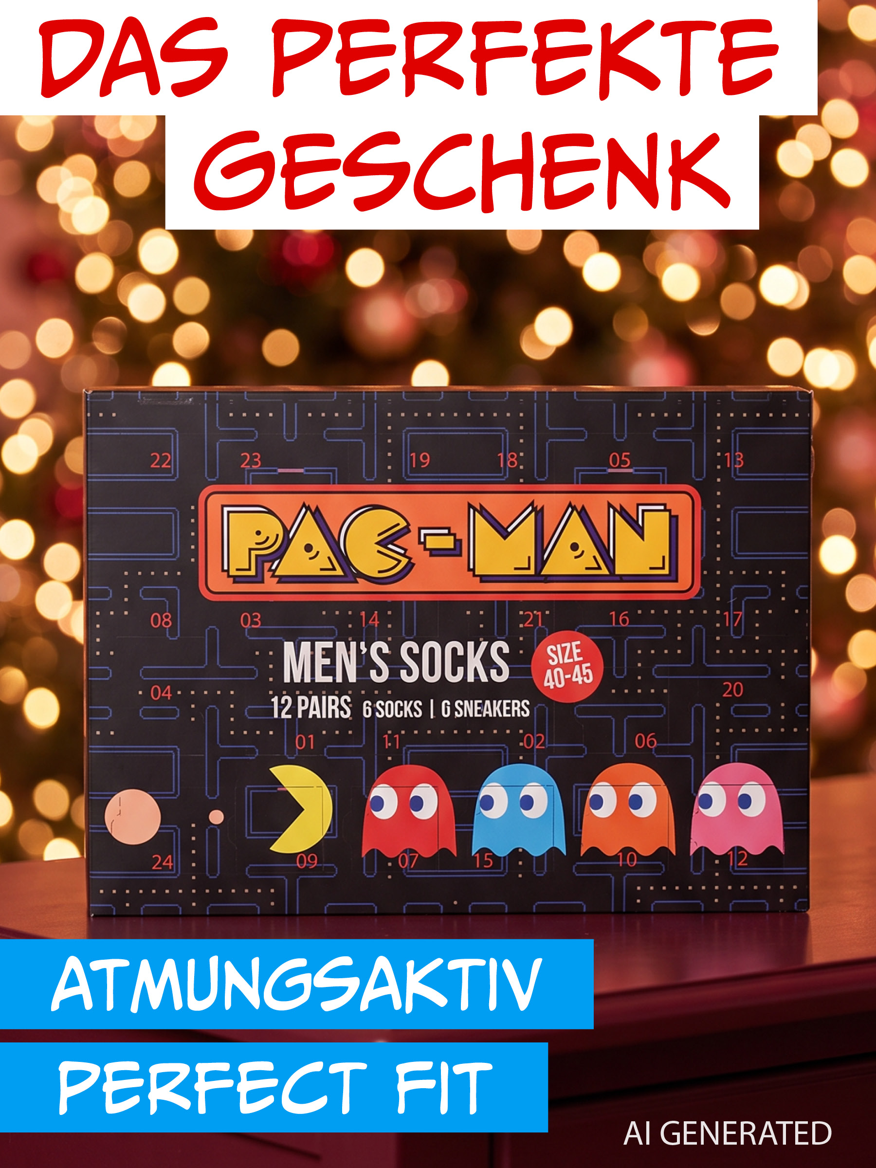 Eine Pac-Man Herrensocken-Box mit nummerierten Türen steht vor einem Weihnachtsbaum.