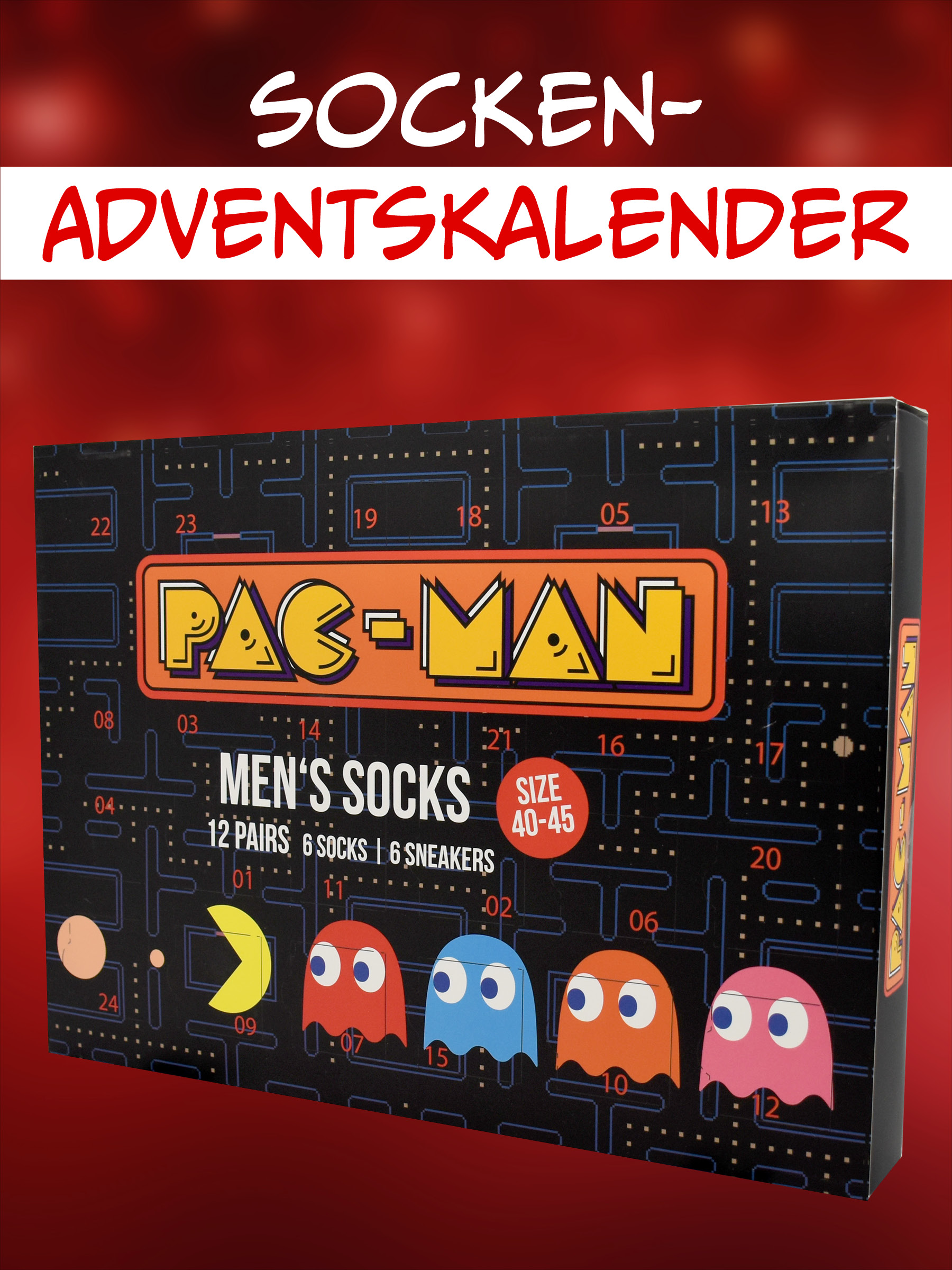 Pac-Man Socken-Adventskalender mit schwarzem Retro-Design, Geistern und Zahlen auf rotem Hintergrund.