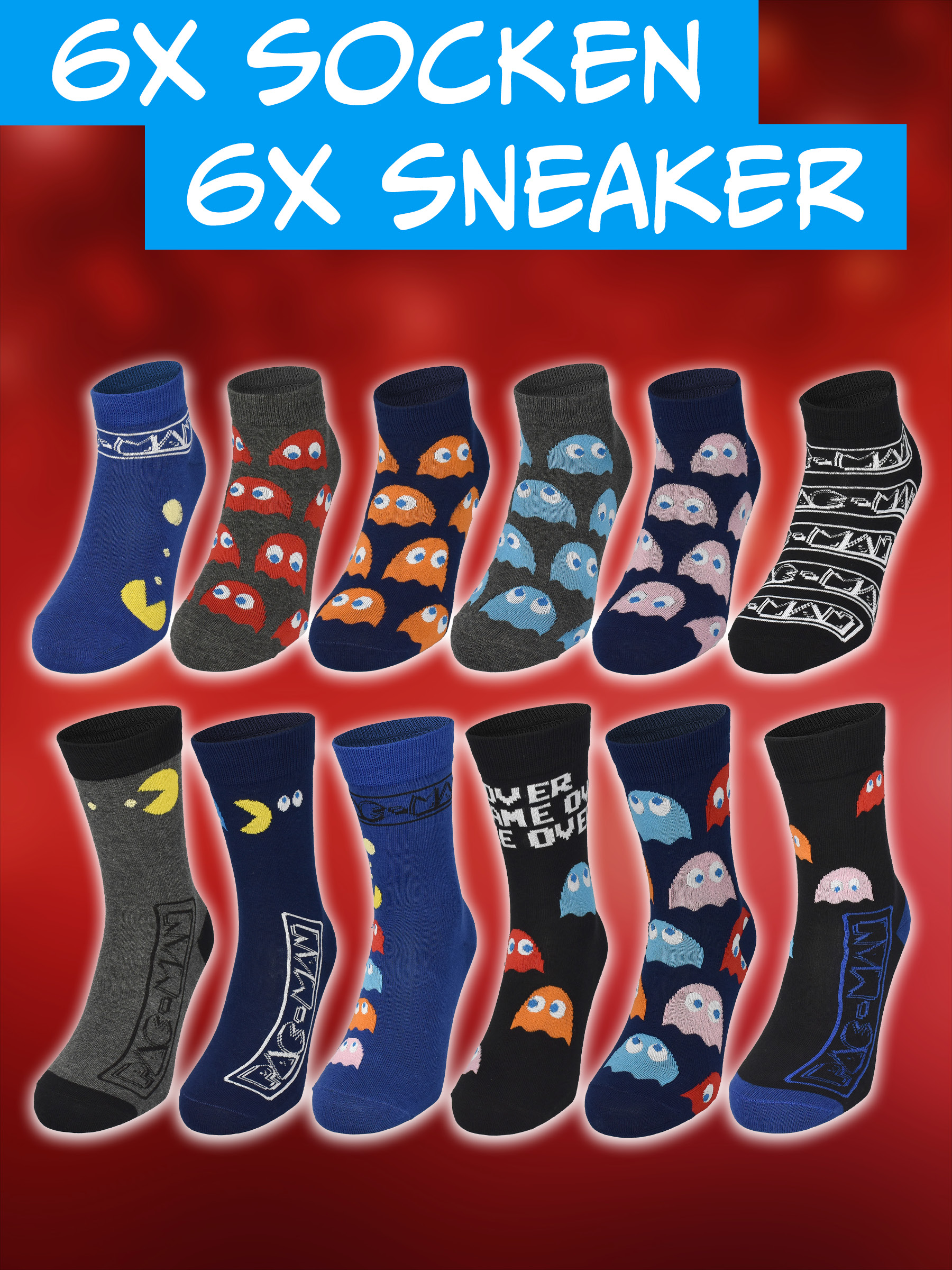 Zwölf Pac-Man-Socken in verschiedenen Farben auf rotem Hintergrund mit Text oben.