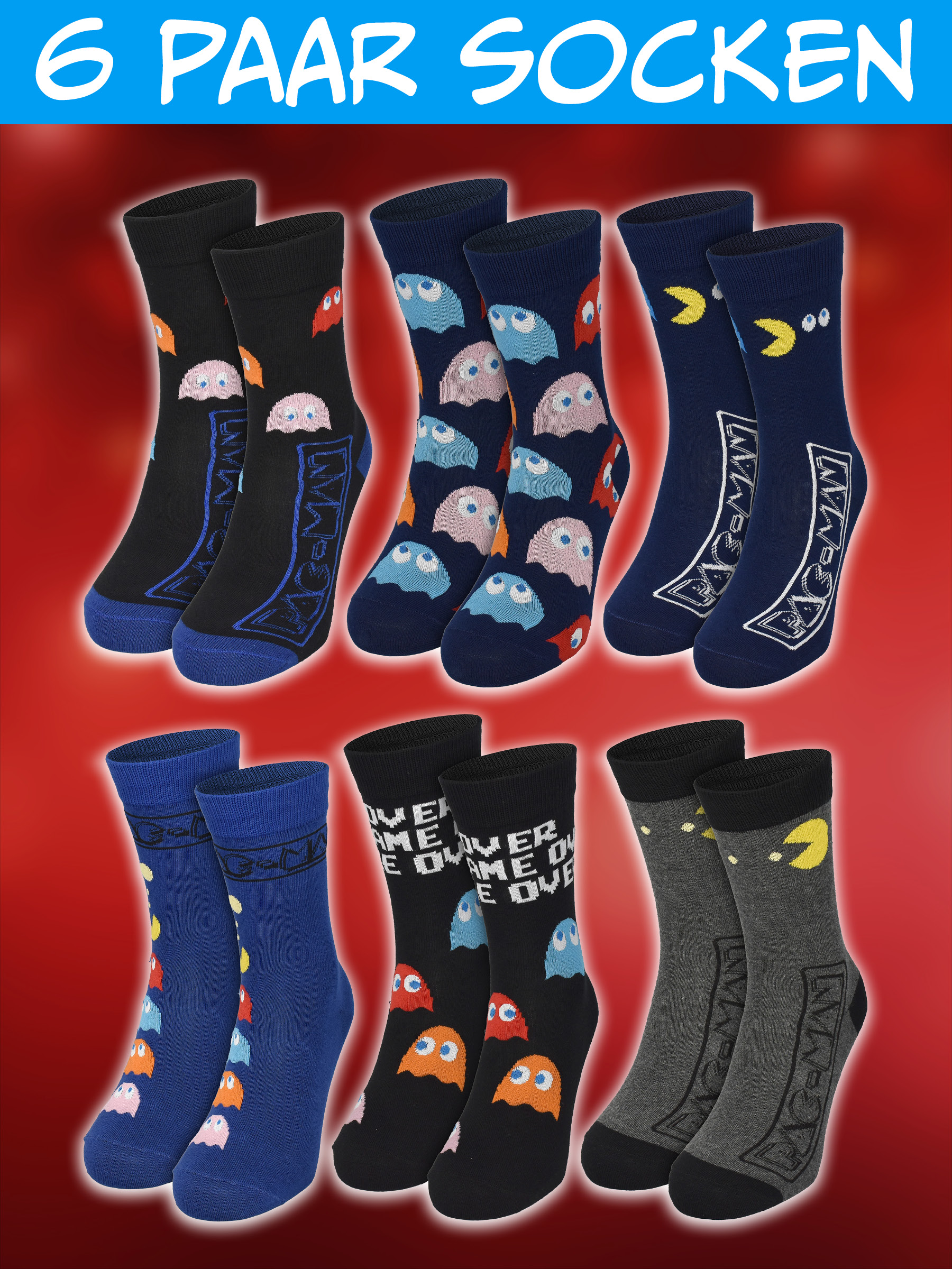 Sechs Paar bunte Pac-Man Socken auf rotem Hintergrund mit deutschem Text oben.
