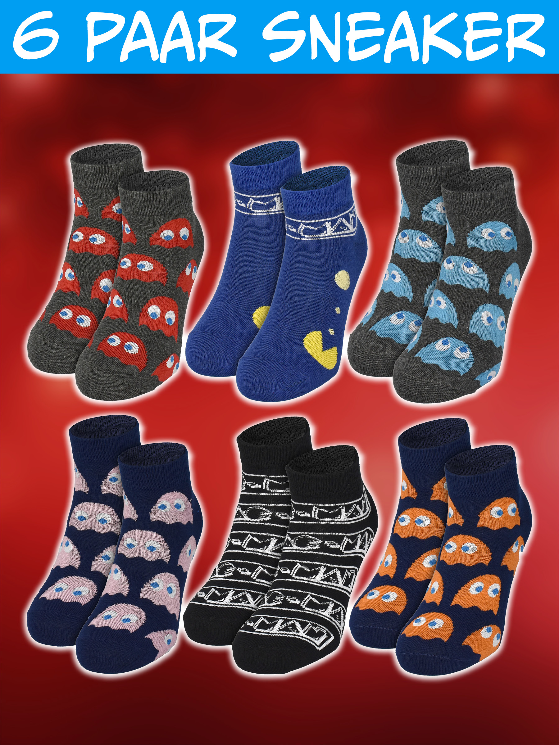 Sechs Paar bunte Pac-Man-Sneakersocken vor rotem Hintergrund mit Text oben.