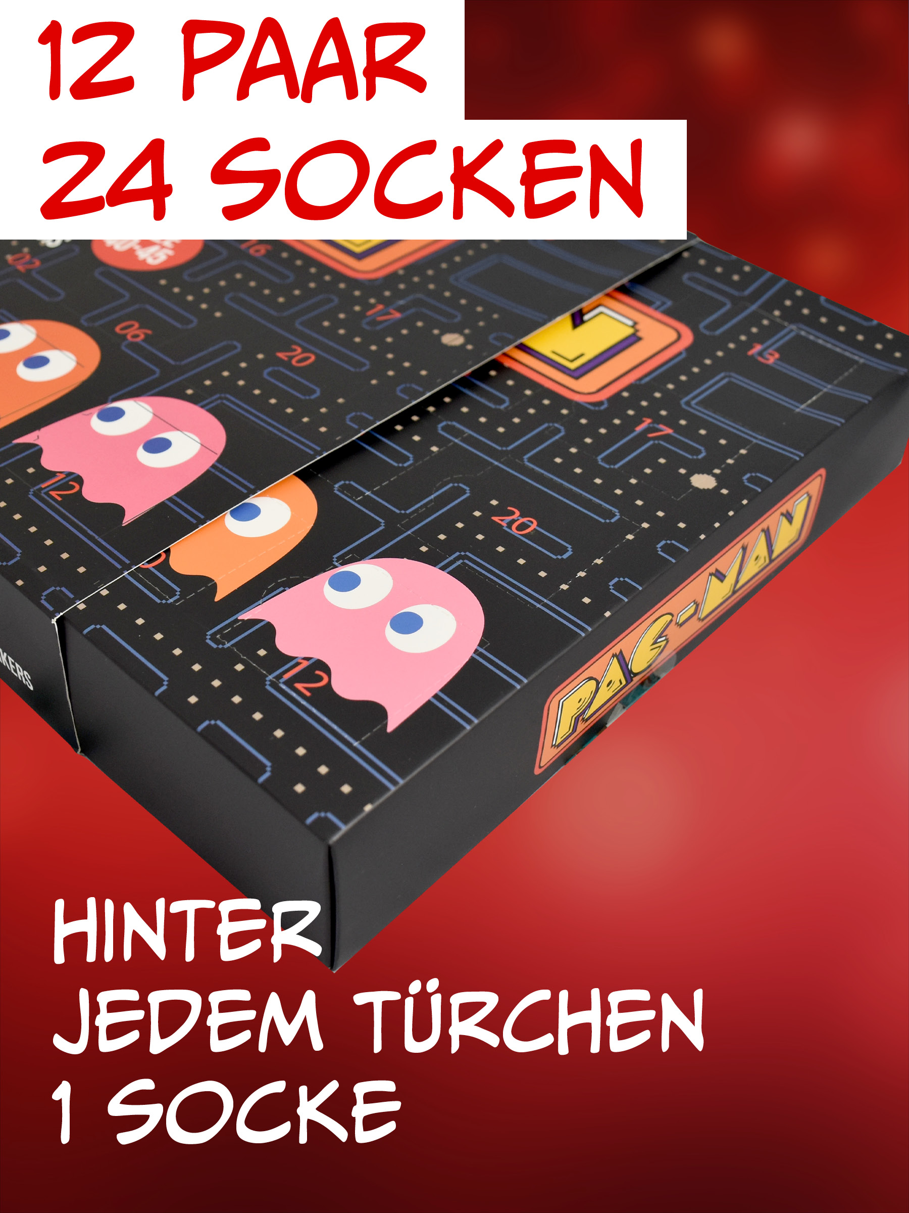 Pac-Man Socken-Adventskalender mit bunten Geistern auf schwarzem Hintergrund und roter Umrandung.