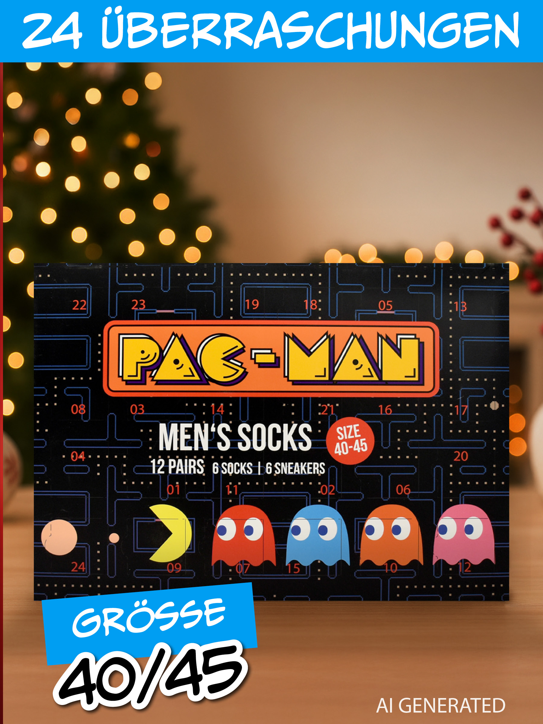 Pac-Man Adventskalender für Herrensocken mit bunten Geistern vor beleuchtetem Hintergrund.