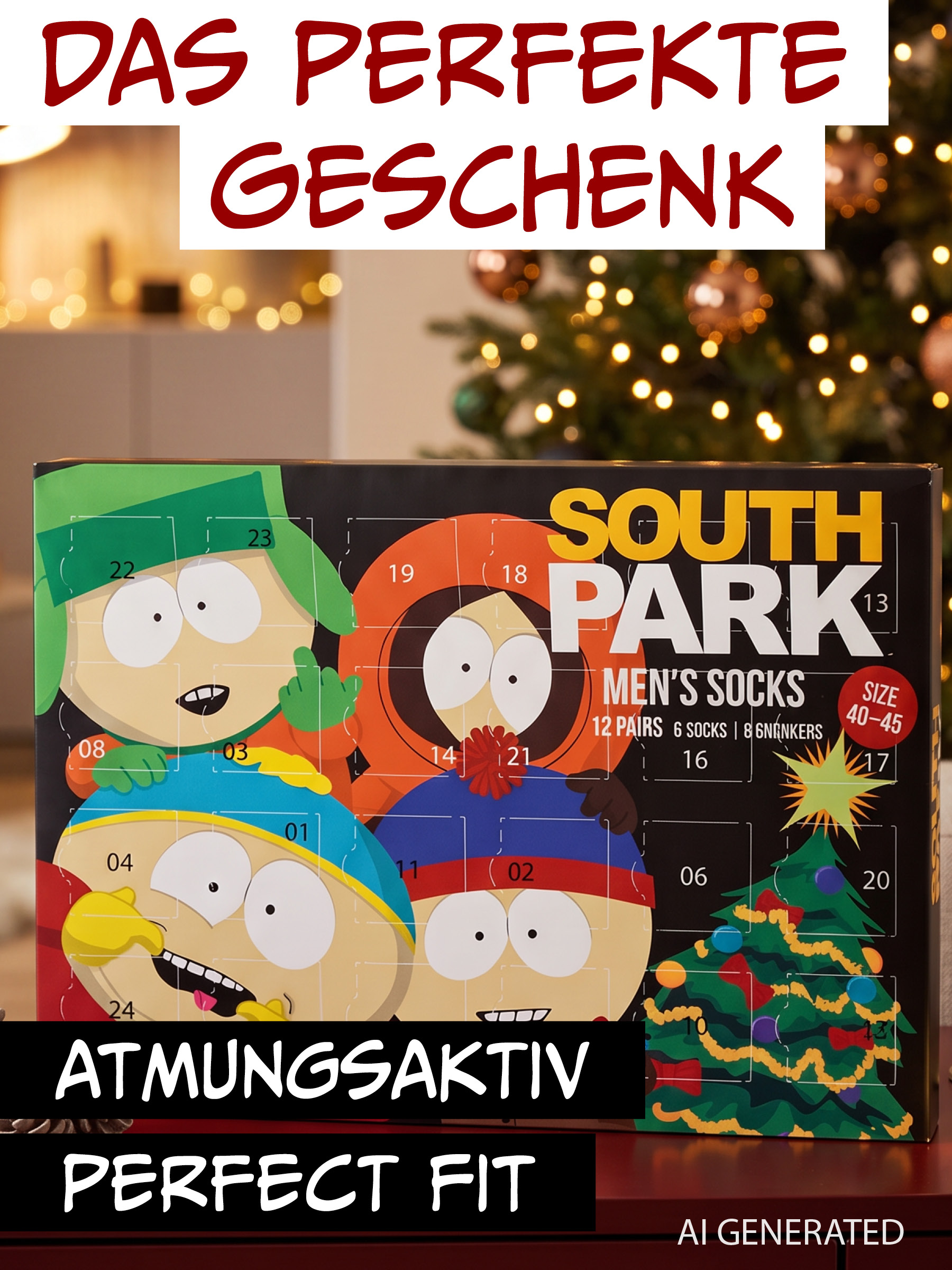 South Park Socken-Adventskalender mit Figuren, Türchen und Weihnachtsbaum vor beleuchtetem Hintergrund.