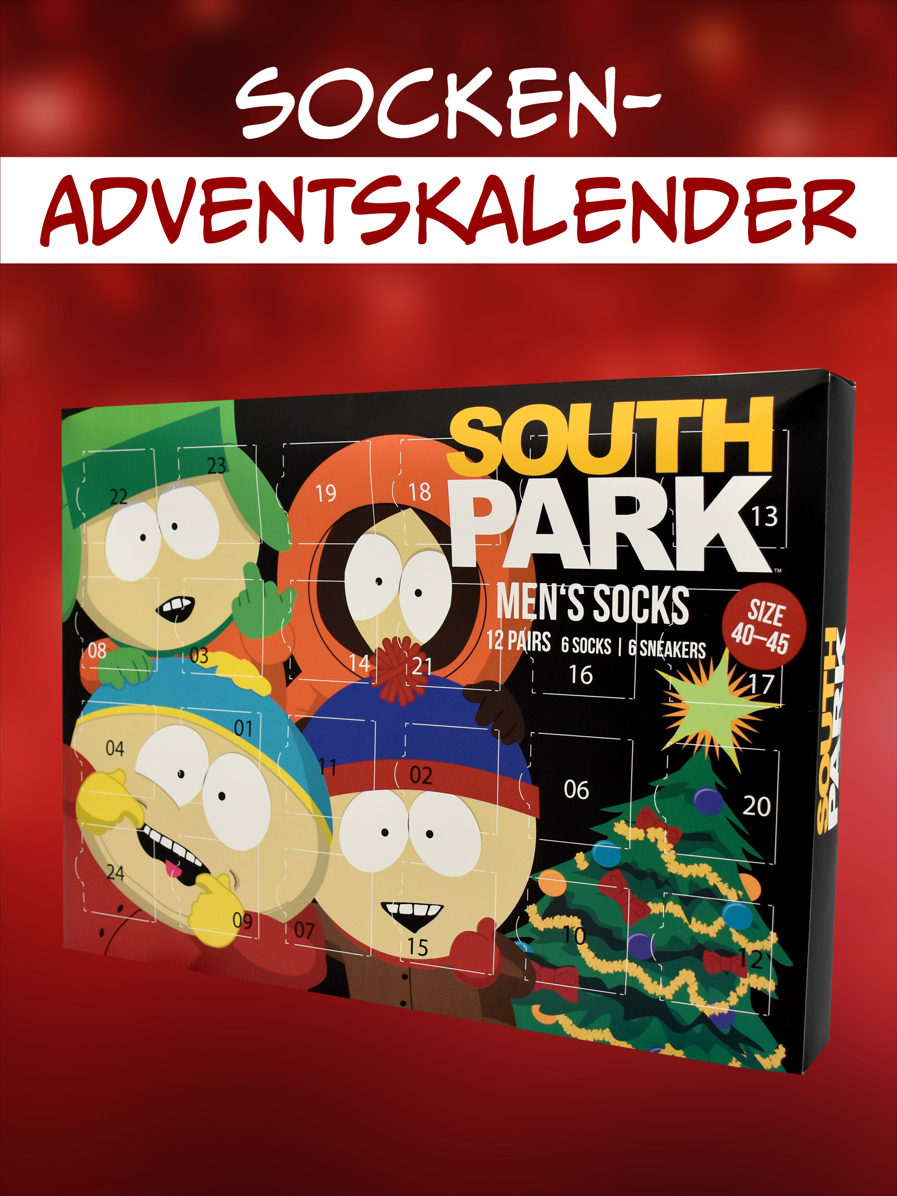 South Park Socken-Adventskalender für Herren mit den Charakteren Kyle, Cartman, Kenny und Stan sowie einem Weihnachtsbaum.