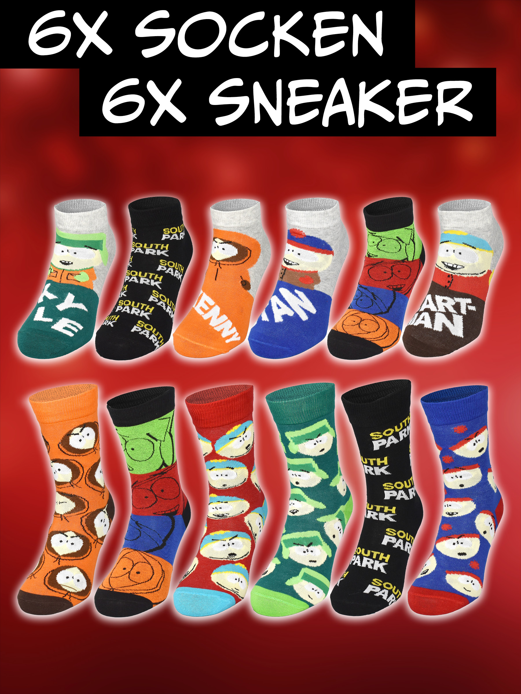Sechs Paar Socken und sechs Sneaker-Socken mit South Park Motiven auf rotem Hintergrund.