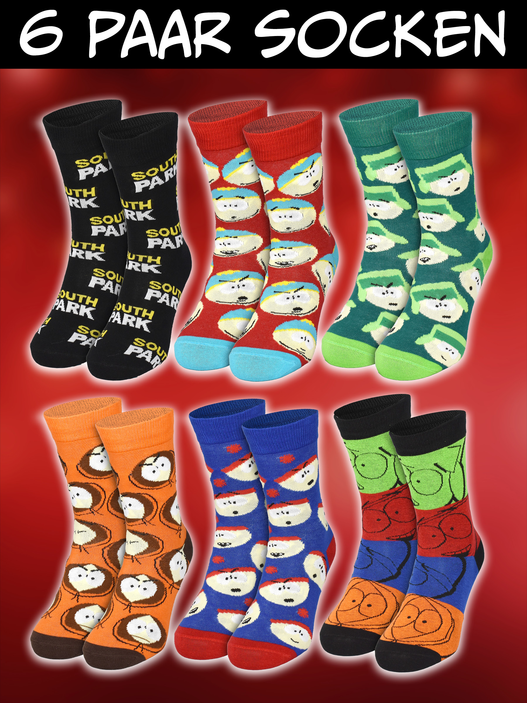 Sechs Paar farbige South Park Socken mit Charakteren auf rotem Grund.