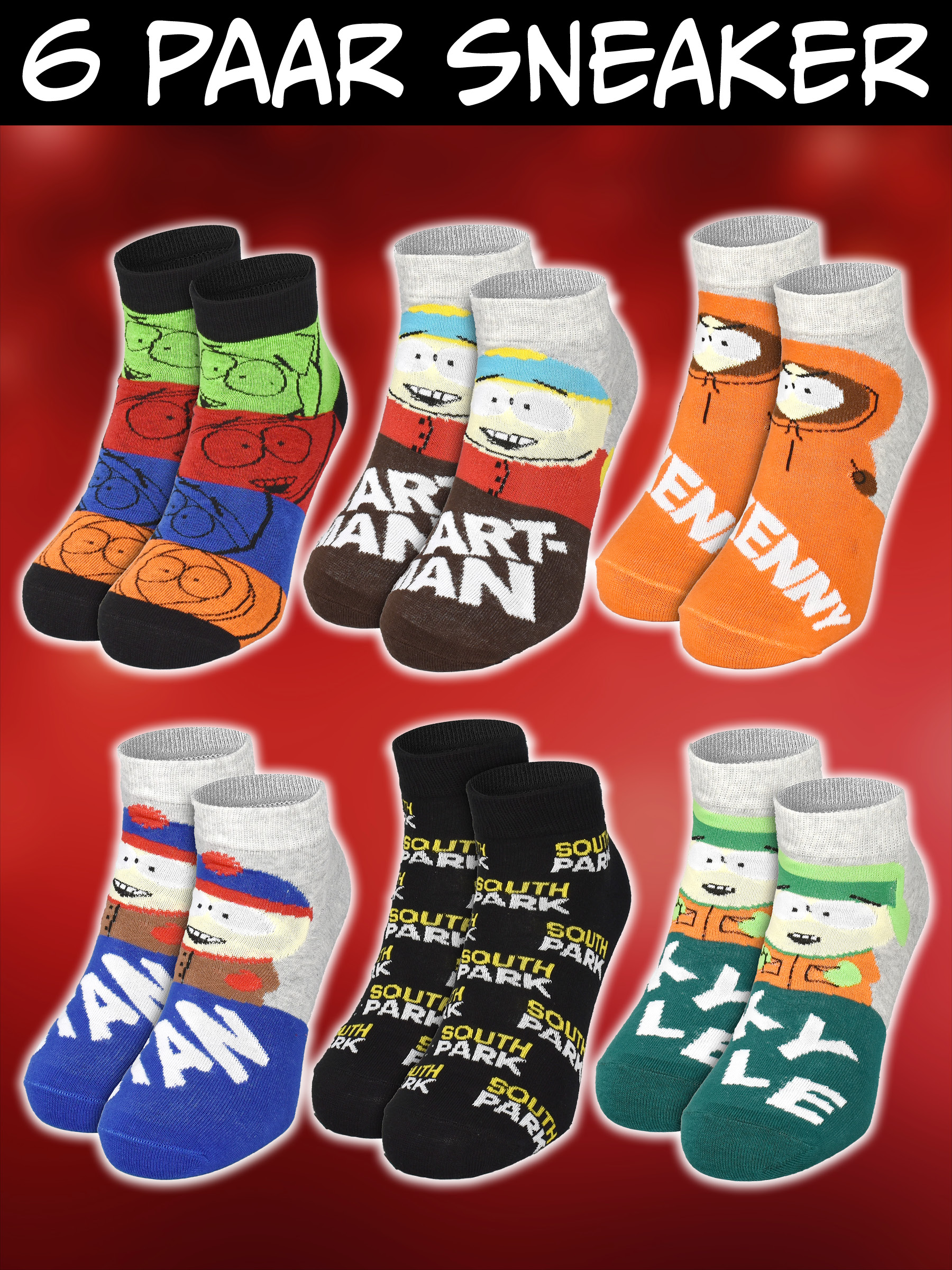Sechs Paar farbige South Park Sneakersocken mit Charakteren auf rotem Hintergrund.