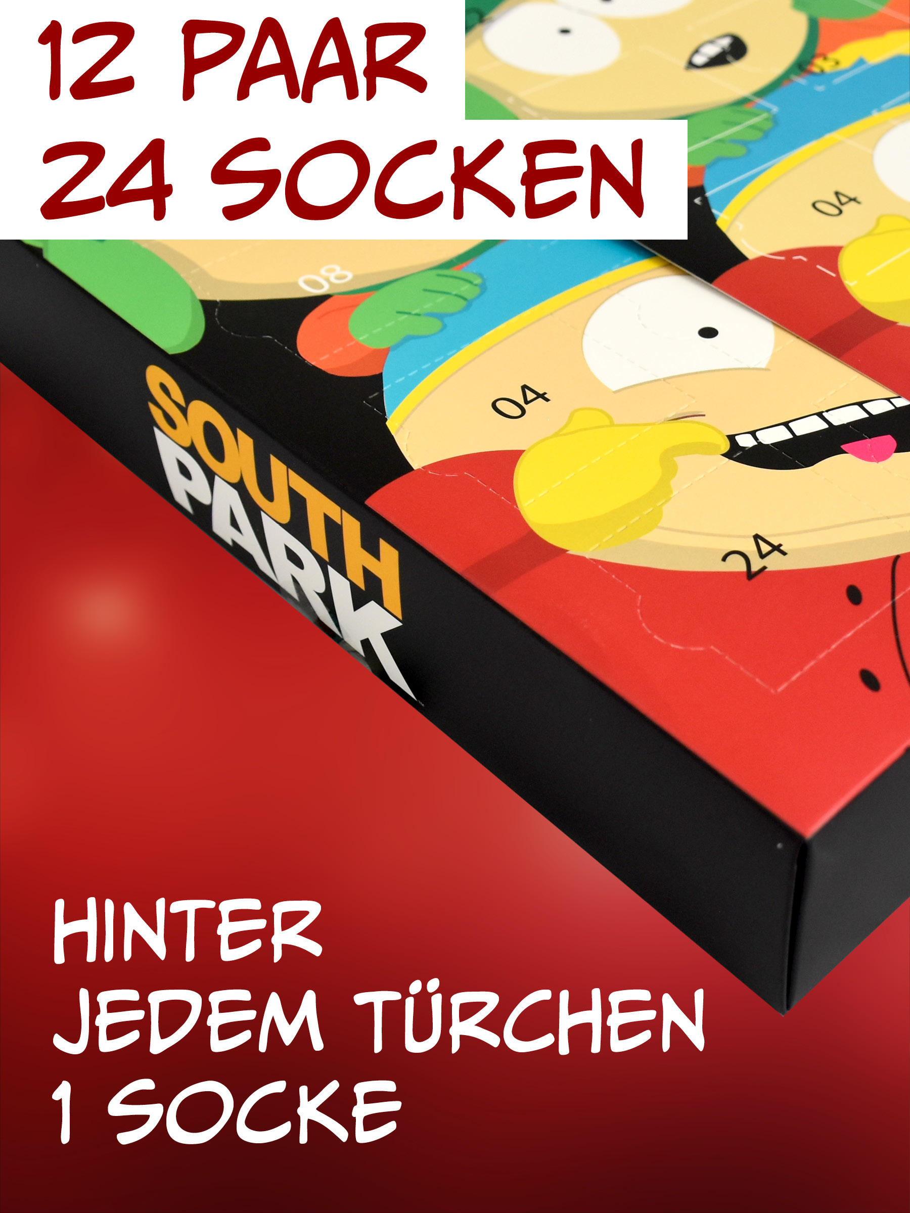 South Park Adventskalender mit Ziffern und Text auf rotem Hintergrund.