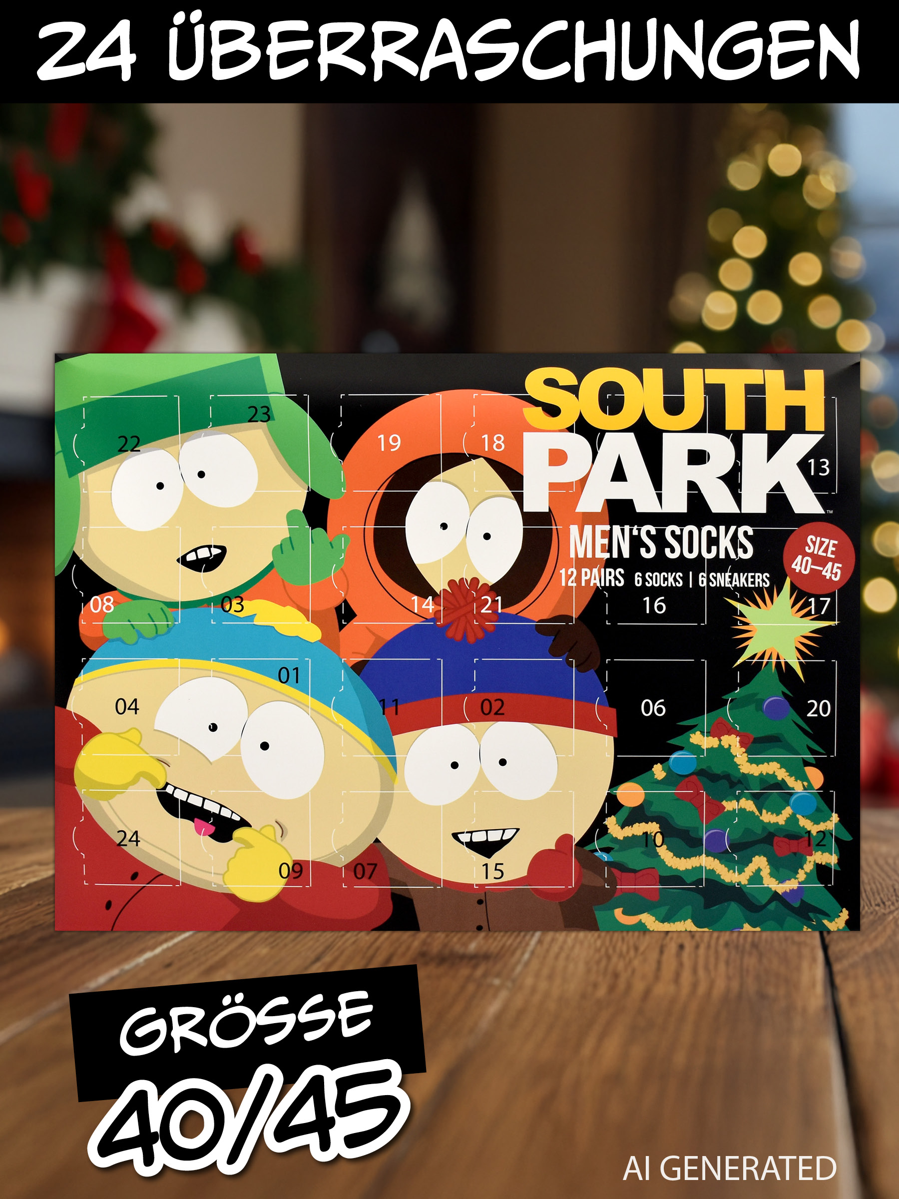 South Park Adventskalender mit Cartman, Kyle, Stan und Kenny vor Weihnachtsbaum.