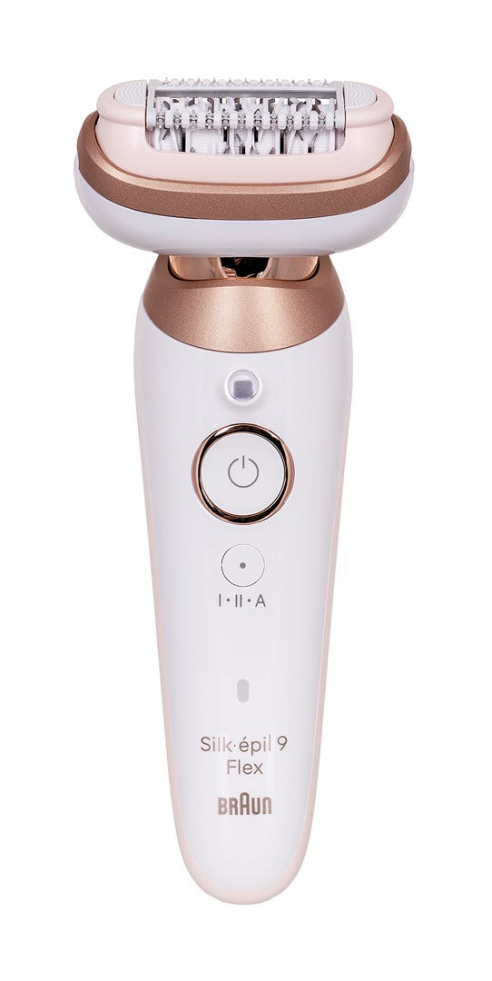 Biało-różowozłoty epilator Braun Silk-épil 9 Flex na białym tle.