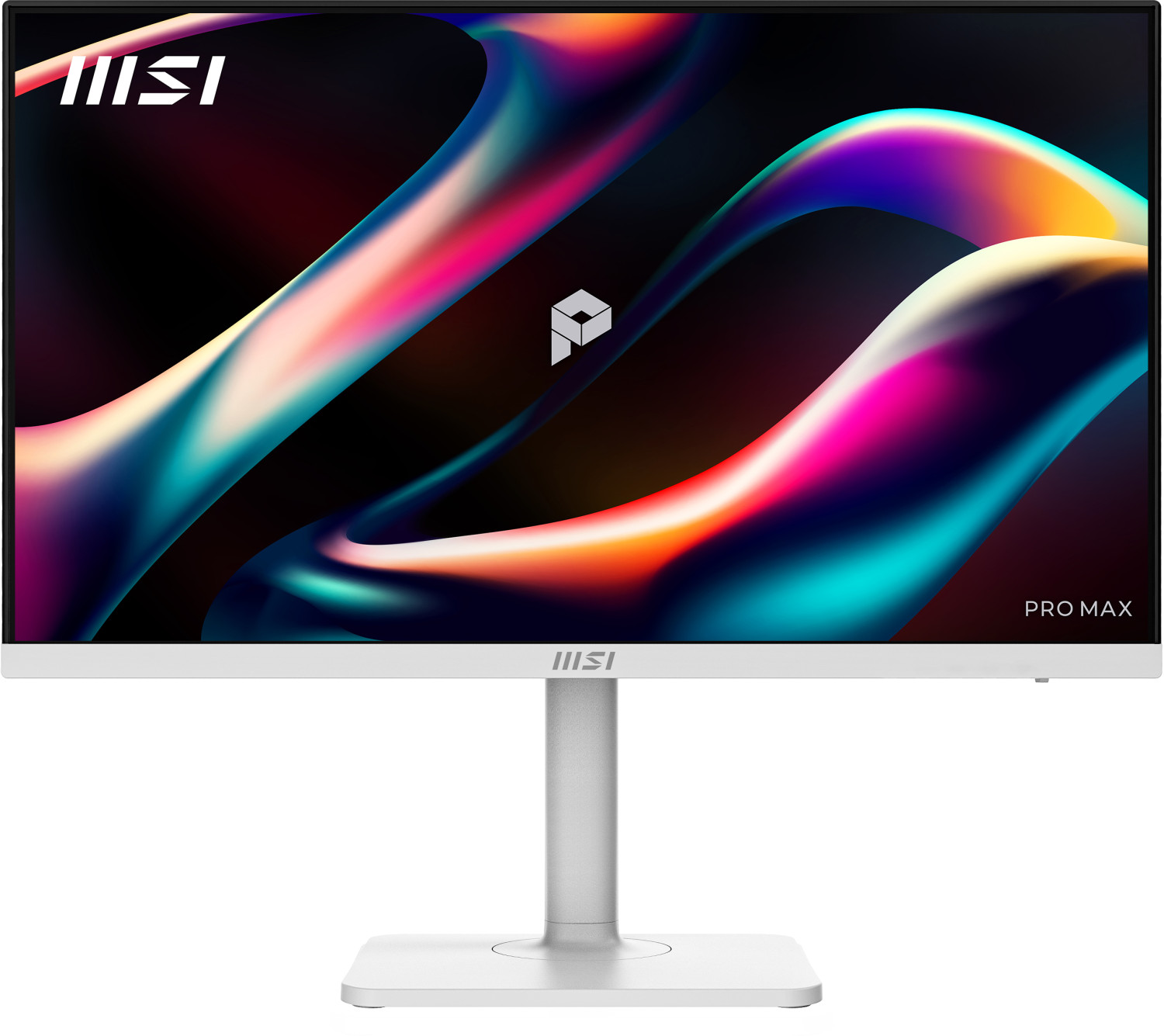 Beyaz bir MSI Pro Max monitör, kırmızı, mavi ve altın rengi akışkan çizgiler içeren renkli soyut bir ekran koruyucu gösteriyor.
