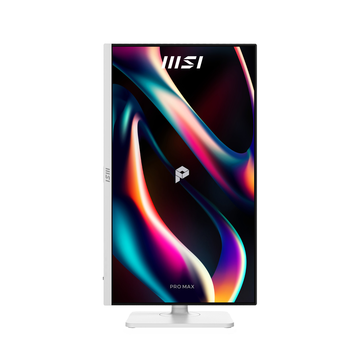 Dikey moddaki beyaz bir MSI monitör, siyah arka plan üzerinde renkli, kıvrımlı soyut bir desen gösteriyor.