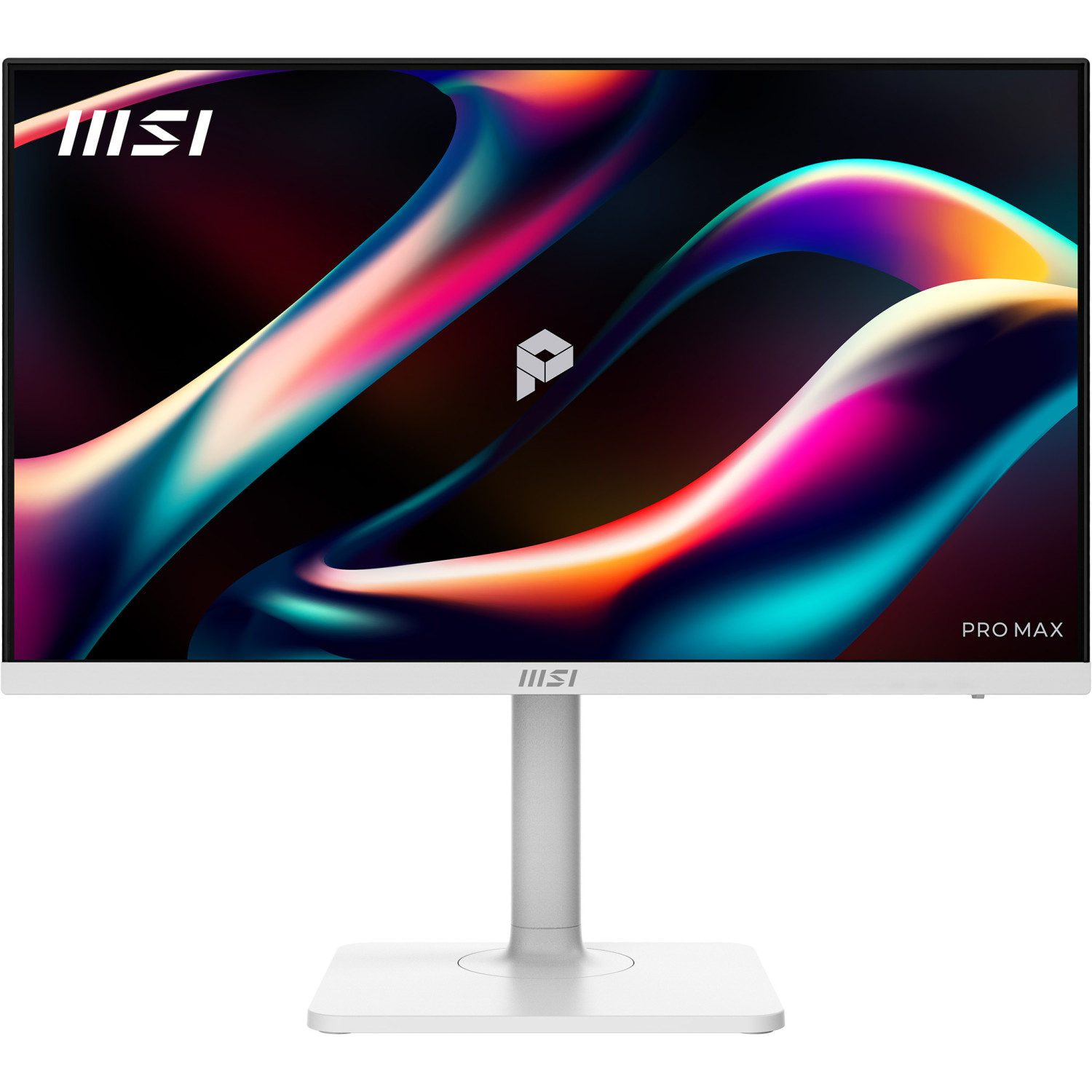 Renkli soyut duvar kağıdı gösteren beyaz stantlı beyaz MSI Pro Max monitör.